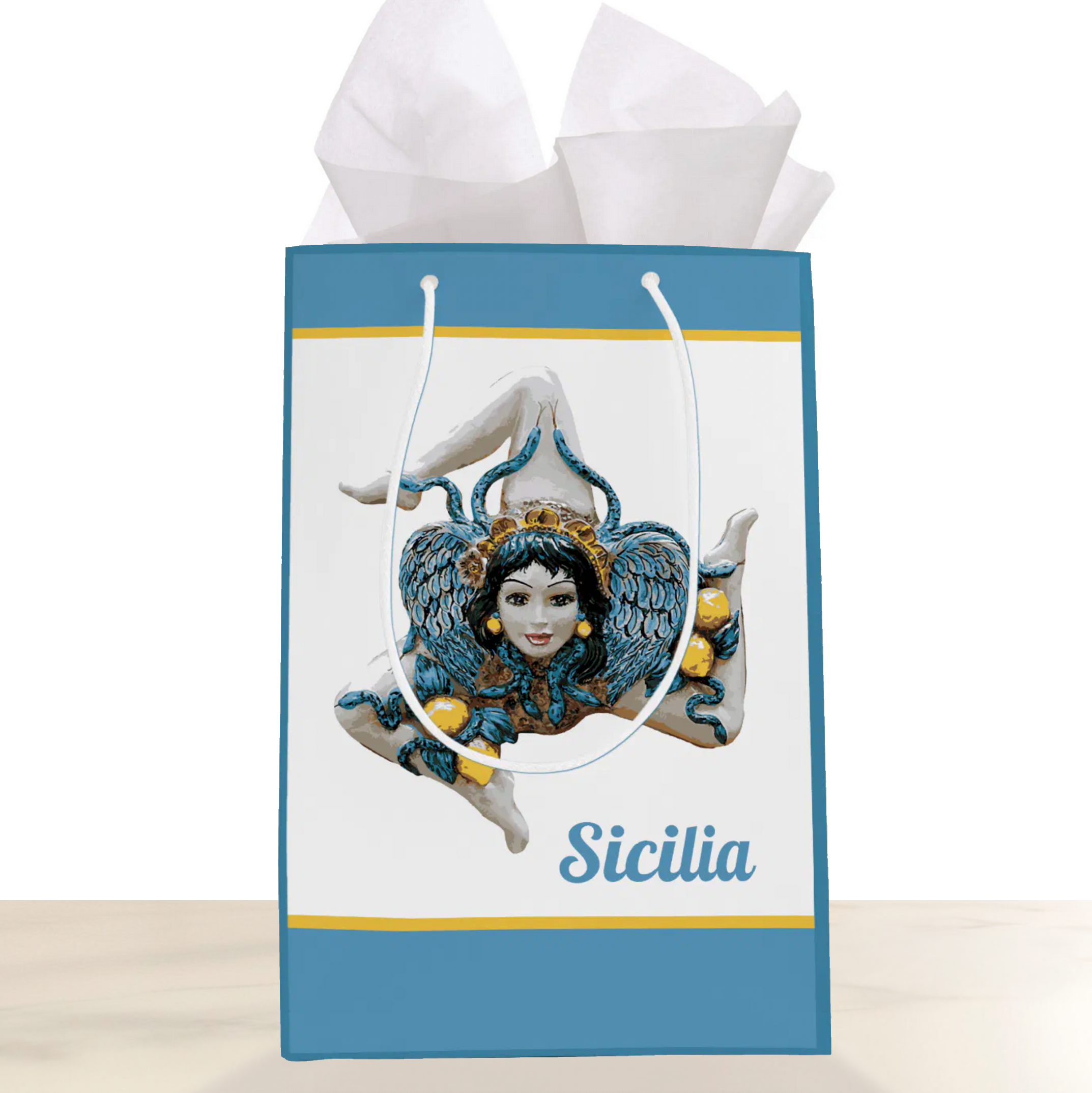 Trinacria gift bag with blue border, Sicilian heritage symbol. Decorative gift wrap for Sicilian pride, party favor bag, birthday gift bag, celebration gift packaging.