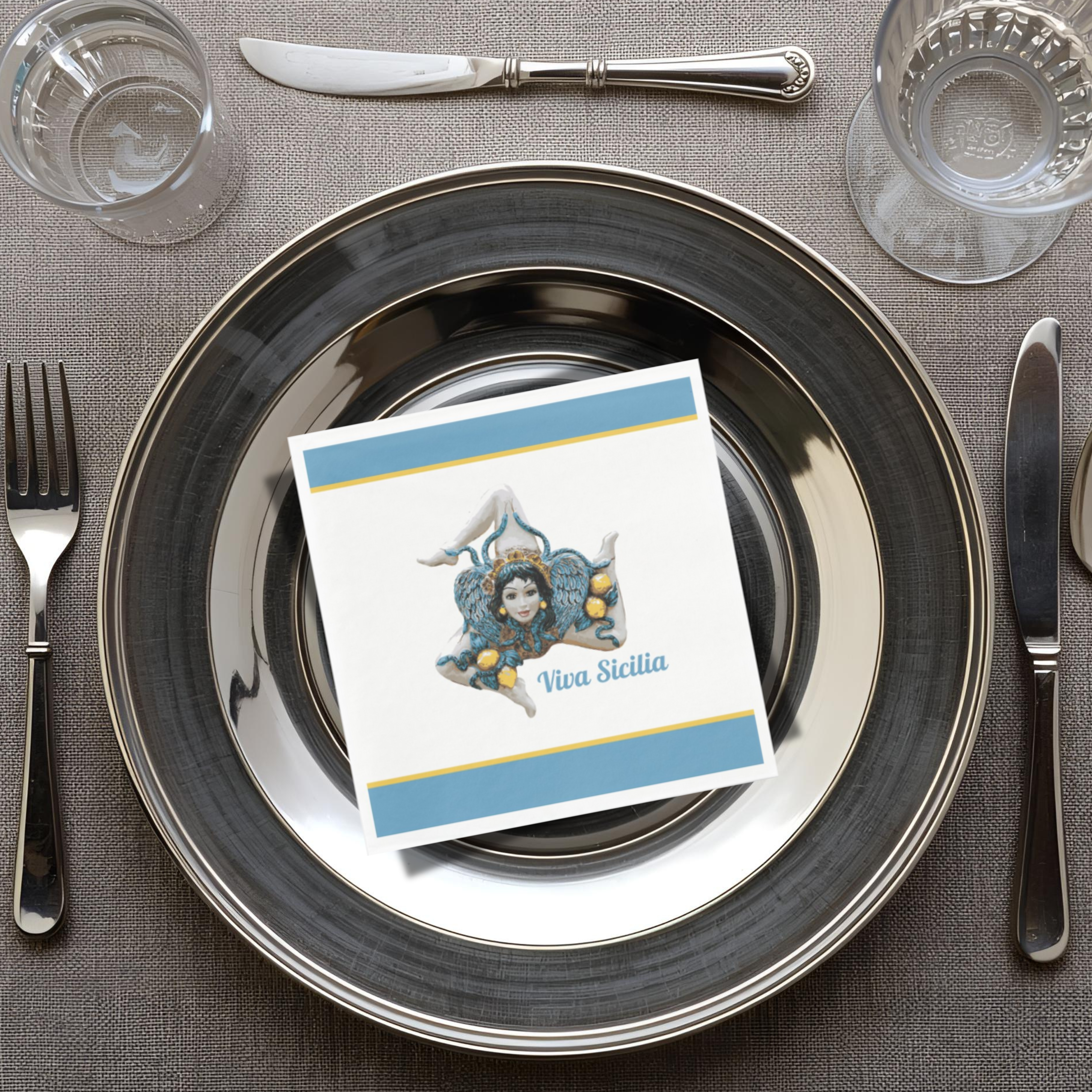 Custom napkin featuring Trinacria of Sicily in pottery style with decorative blue borders and personalized wording. Perfect Sicilian heritage gift for weddings, anniversaries, family reunions, or housewarming celebrations.