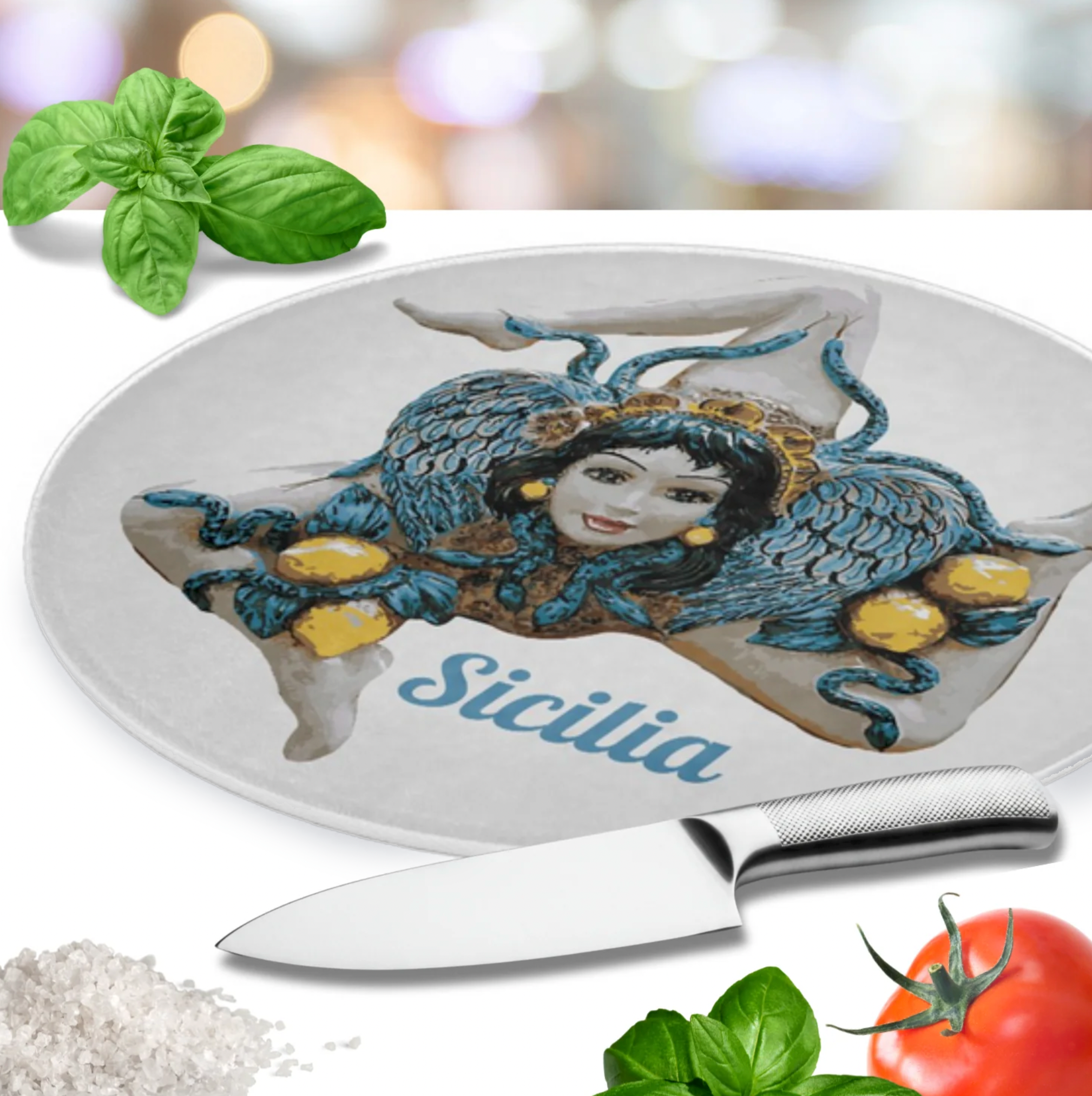 Round glass cutting board featuring Trinacria in traditional pottery style design, customizable with "Sicilia" or "Sicily" text of your choice. Sicilian heritage decorative cutting board, kitchen wall art, housewarming gift, wedding gift, gift for Sicilian family, kitchen accessory.
