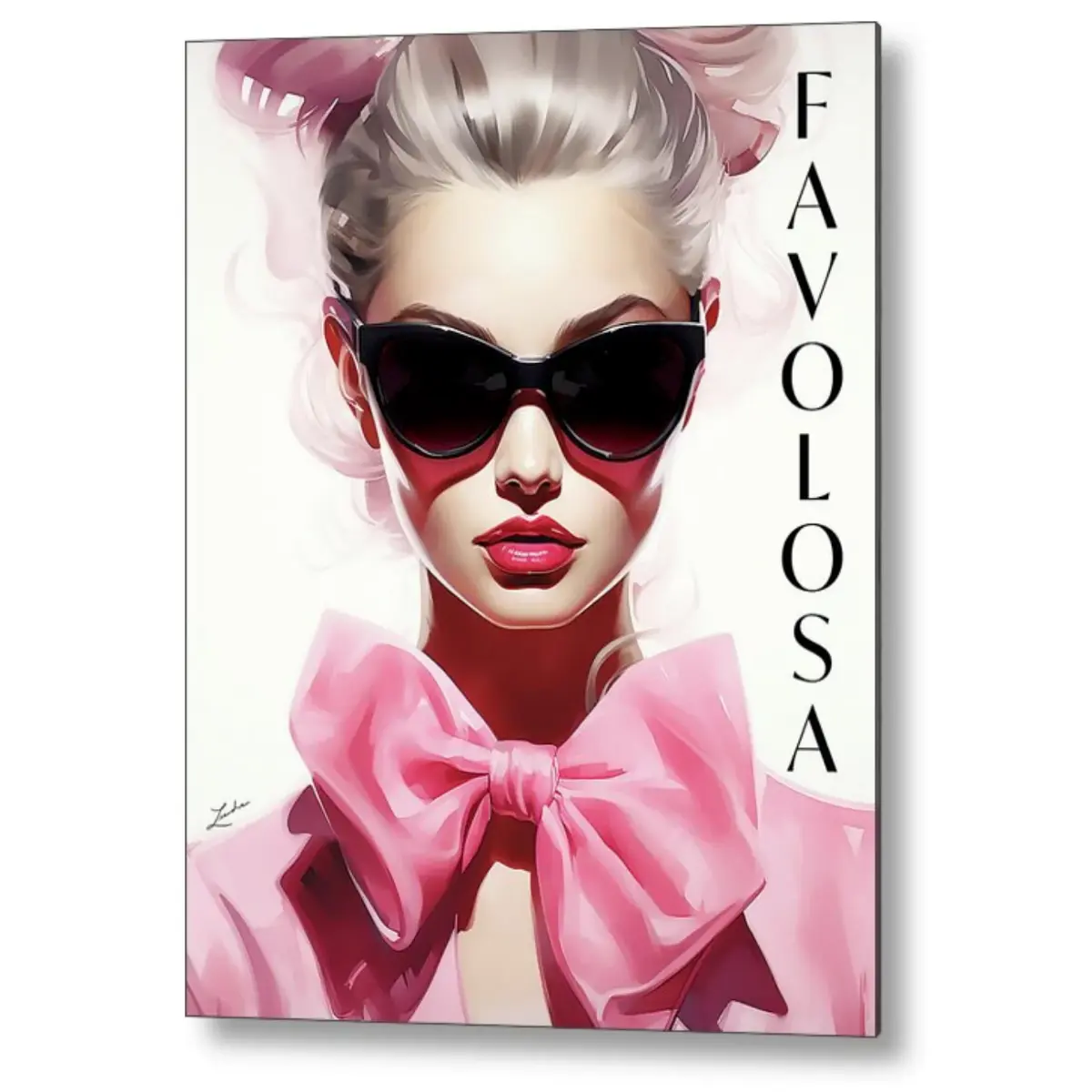 Favolosa Fashion Girl Wall Art fashion illustration of woman wearing sunglasses and large pink bow. Italian accent art for home or salon decor.