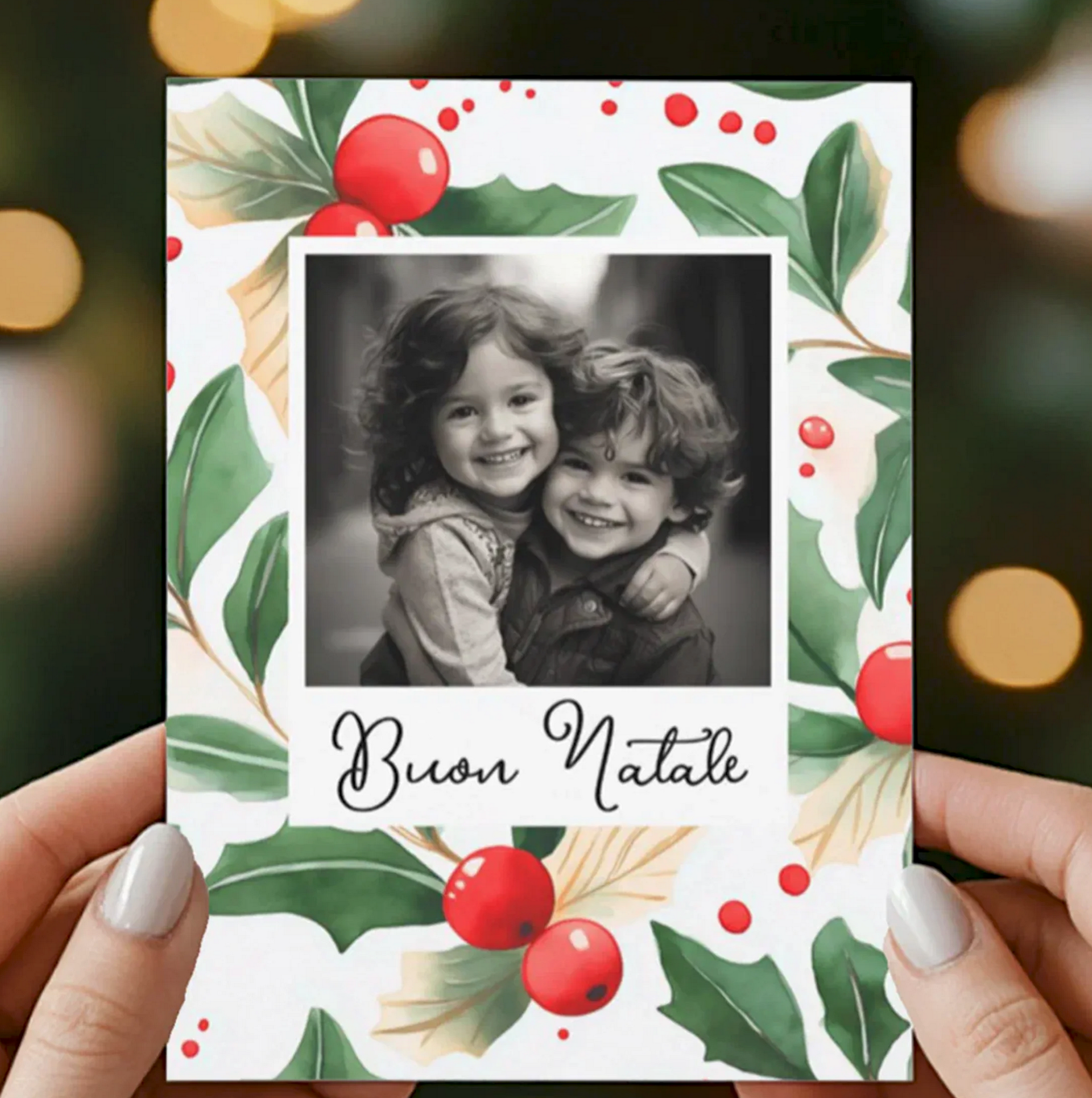 Watercolor Holly Motif Custom Photos Christmas card with Buon Natale Script for Italian Christmas greeting.