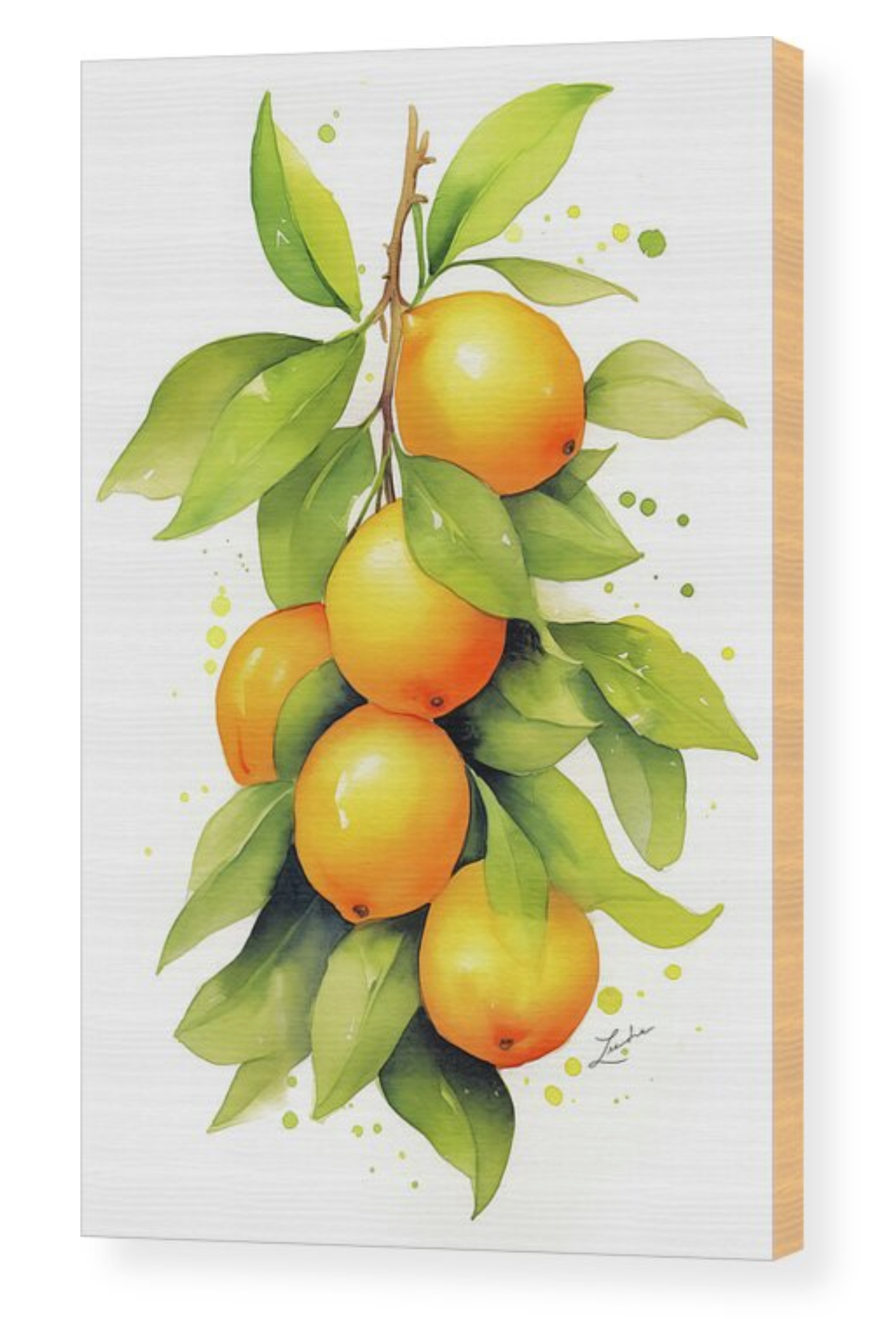 Vertical wall art featuring watercolor oranges and leaves on branch with white background, printed on wood with customizable format style. Italian and Mediterranean heritage kitchen wall decor, citrus art print, botanical wall art, farmhouse kitchen decor, fruit wall art, housewarming gift, gift for her, gift for cook.