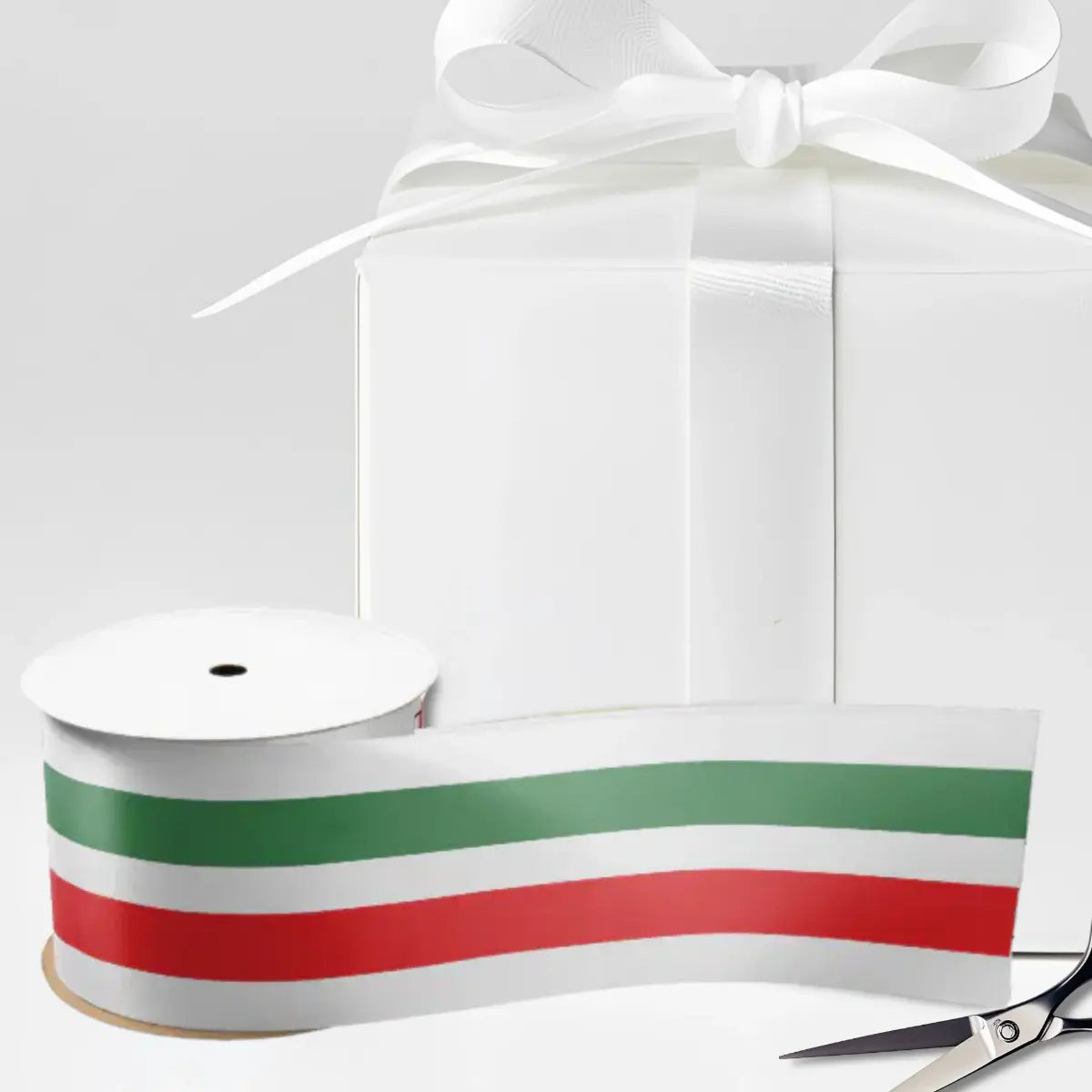 White satin ribbon with horizontal green white red stripes repeated, Italian flag colors. Italian heritage ribbon, Italy pride ribbon, gift wrapping ribbon, craft ribbon, Italian wedding ribbon, bridal shower ribbon, Italian party supplies.
