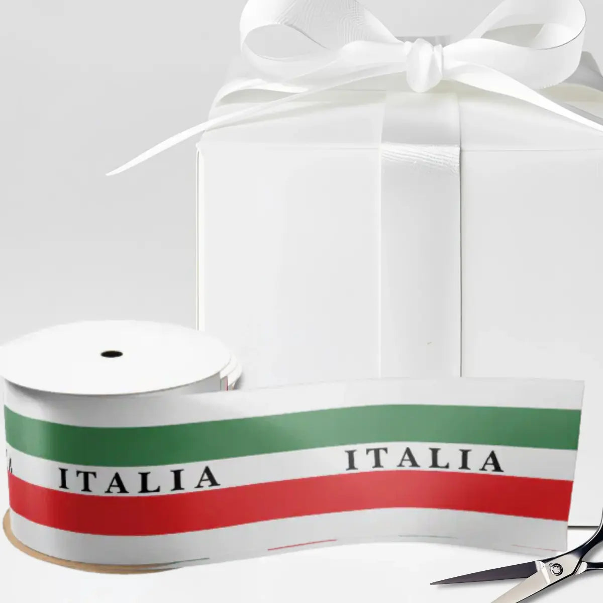 White satin ribbon with horizontal green white and red stripes and Italia in black serif repeated in center white stripe. Italian heritage ribbon, Italian flag colors ribbon, Italy pride ribbon, gift wrapping ribbon, craft ribbon, Italian wedding ribbon, bridal shower ribbon, Italian party supplies.