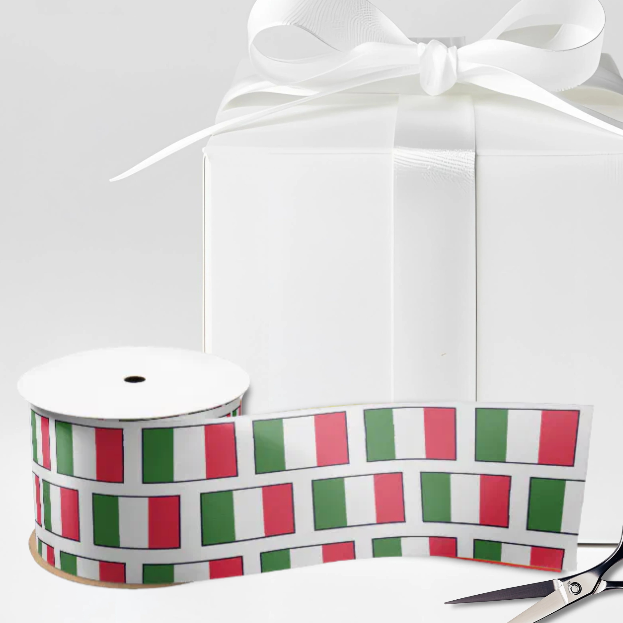 White satin ribbon with little Italian flags with black outline repeated. Italian heritage ribbon, Italy pride ribbon, Italian flag pattern, gift wrapping ribbon, craft ribbon, Italian wedding ribbon, bridal shower ribbon, Italian party supplies.