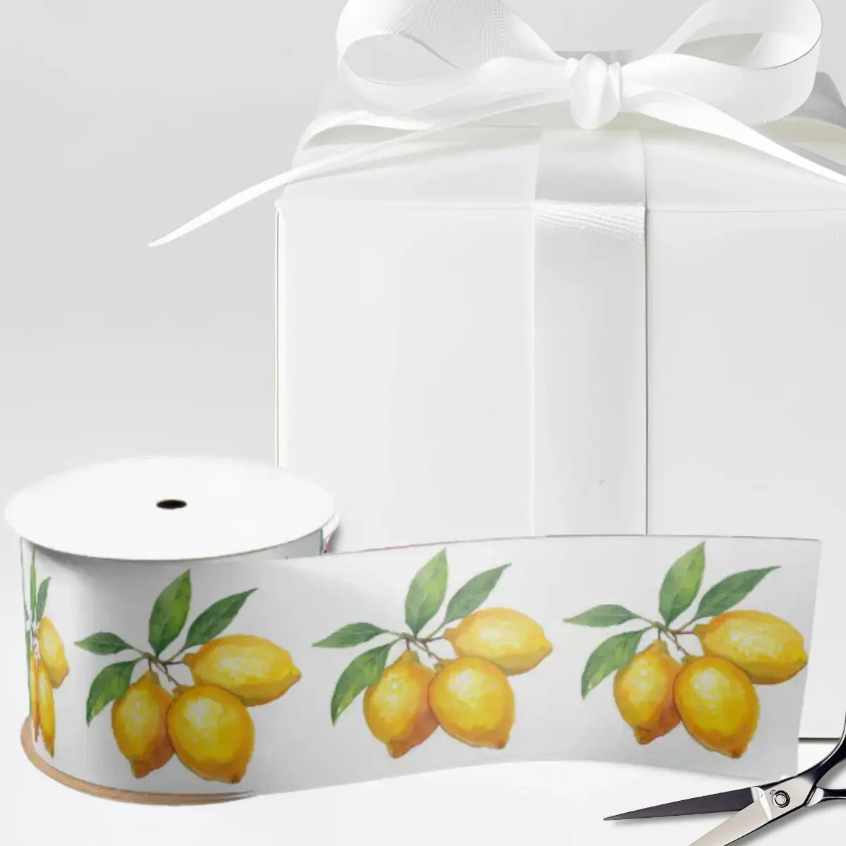 White satin ribbon with three lemons and leaves branch pattern repeated. Italian and Sicilian heritage ribbon, Mediterranean decor ribbon, lemon pattern ribbon, gift wrapping ribbon, craft ribbon, Italian wedding ribbon, bridal shower ribbon, Italian party supplies.