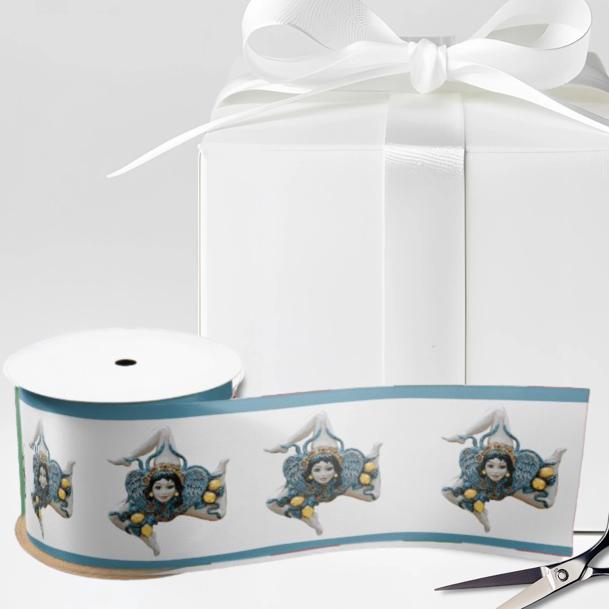 White satin ribbon with Trinacria in pottery style pattern repeated with blue border. Sicilian heritage ribbon, Sicily symbol ribbon, Mediterranean decor ribbon, gift wrapping ribbon, craft ribbon, Sicilian wedding ribbon, bridal shower ribbon, Sicilian party supplies.