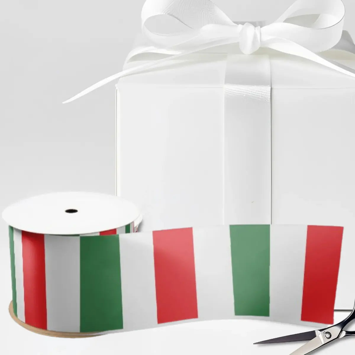 White satin ribbon with vertical green white red stripes repeated, Italian flag colors. Italian heritage ribbon, Italy pride ribbon, gift wrapping ribbon, craft ribbon, Italian wedding ribbon, bridal shower ribbon, Italian party supplies.