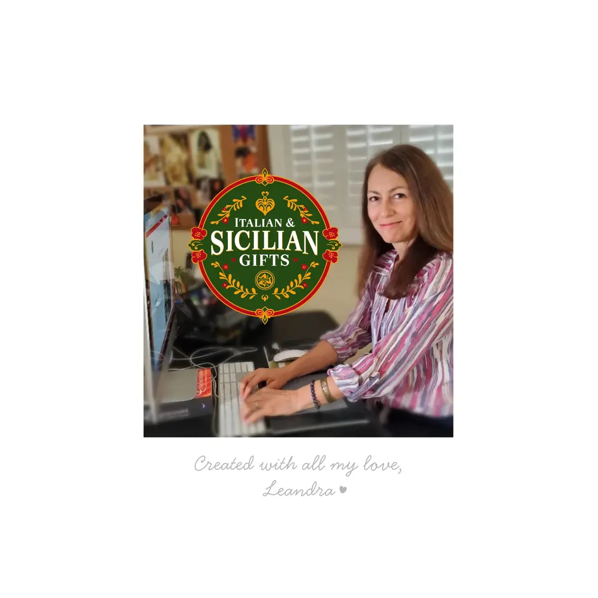 Leandra using a computer with 'Italian & Sicilian Gifts' logo in the corner