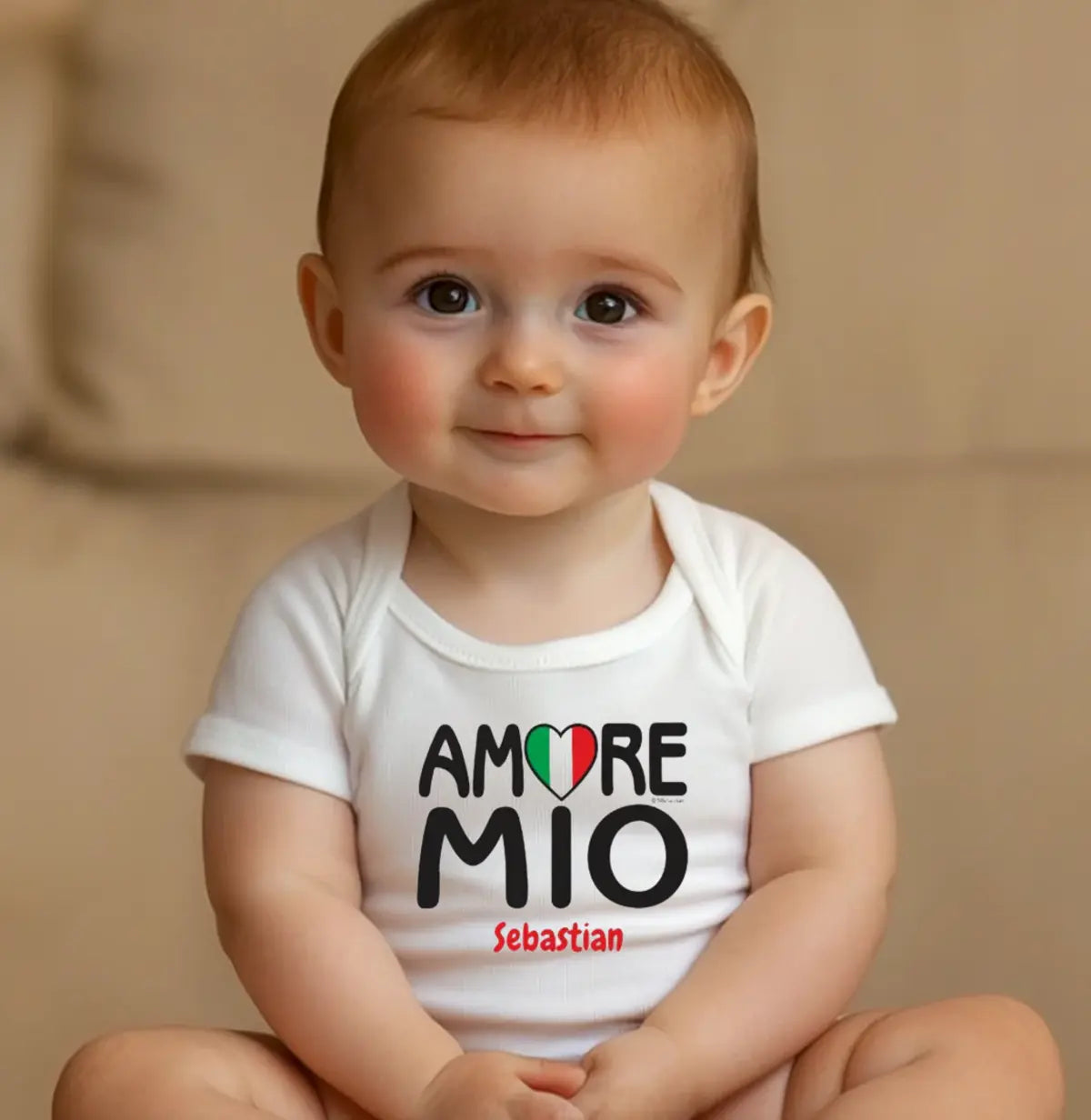 White baby onesie with Amore Mio Italian text, premium cotton infant bodysuit gift