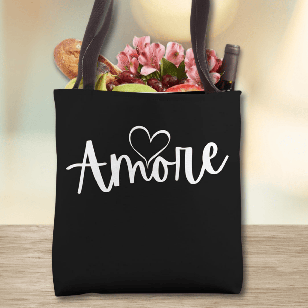 Black tote bag with 'Amore' text and a brushstroke heart in white - Italian Sicilian heritage gift