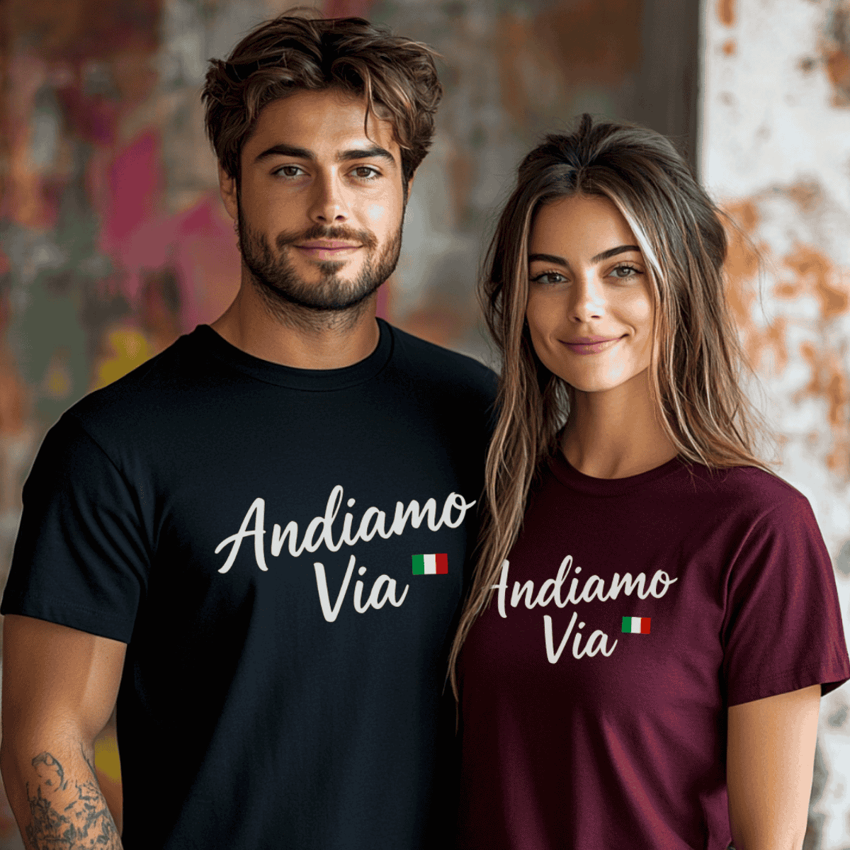 Andiamo Via White Script with Italian flag detail premium t-shirts for men and women, Italian and Sicilian heritage sportswear
