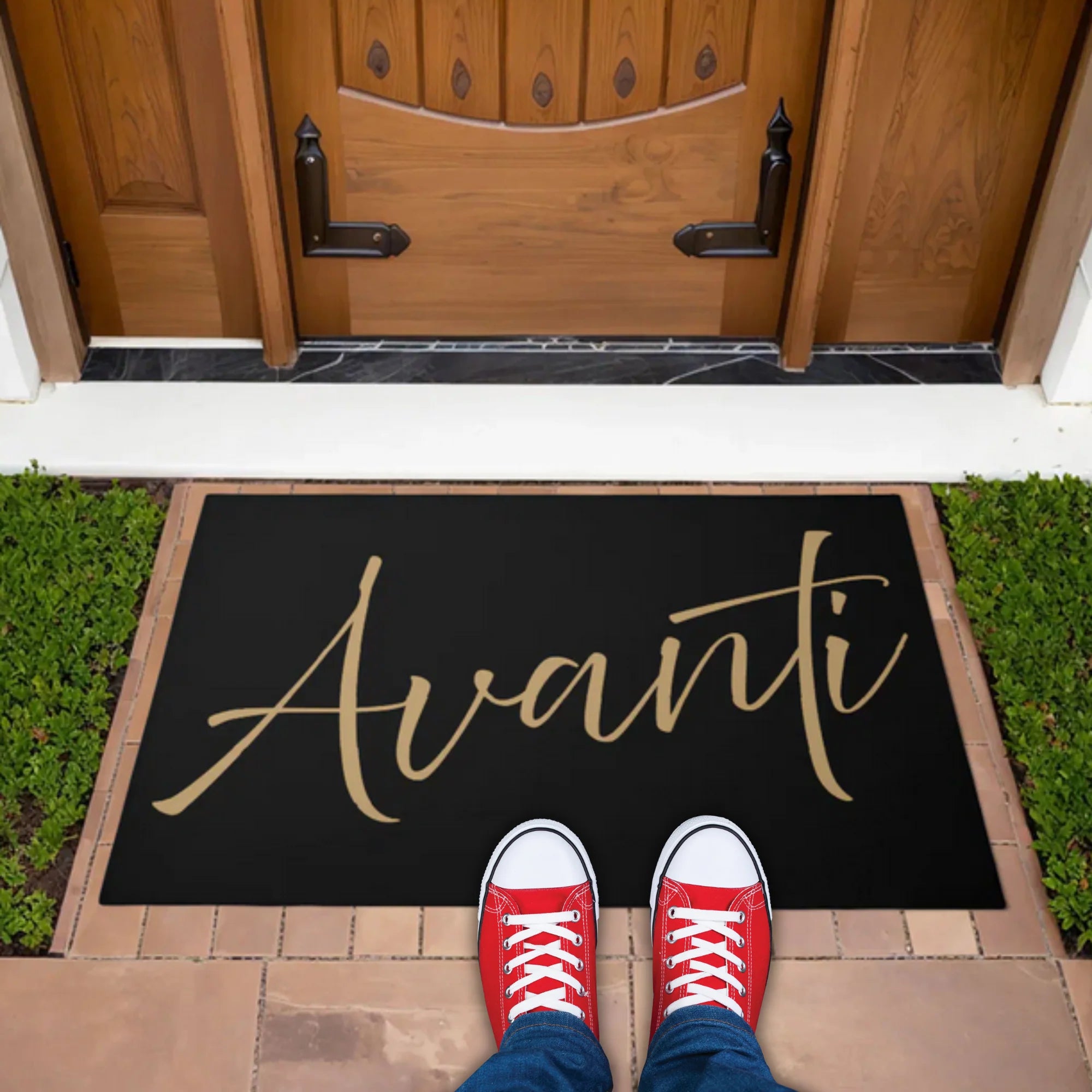 Italian Black Welcome Mat with tan "Avanti" Script (Come In) for housewarming gift.