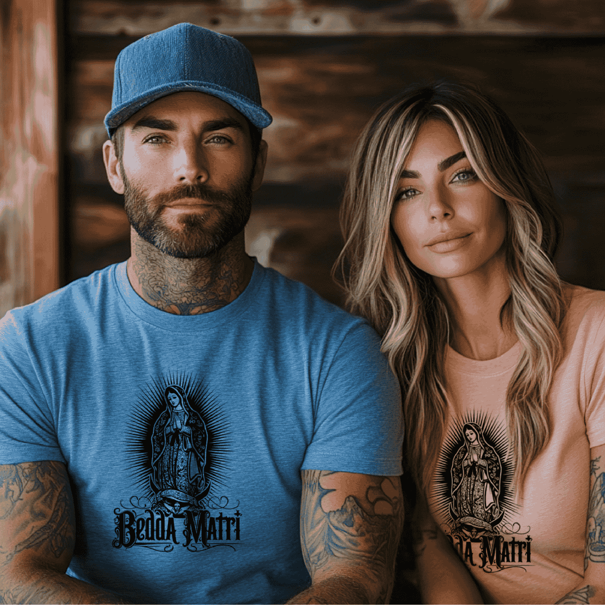 Tattoo style Virgin Mary design with radiant rays and ornate “Bedda Matri” Sicilian lettering meaning Beautiful Mother.