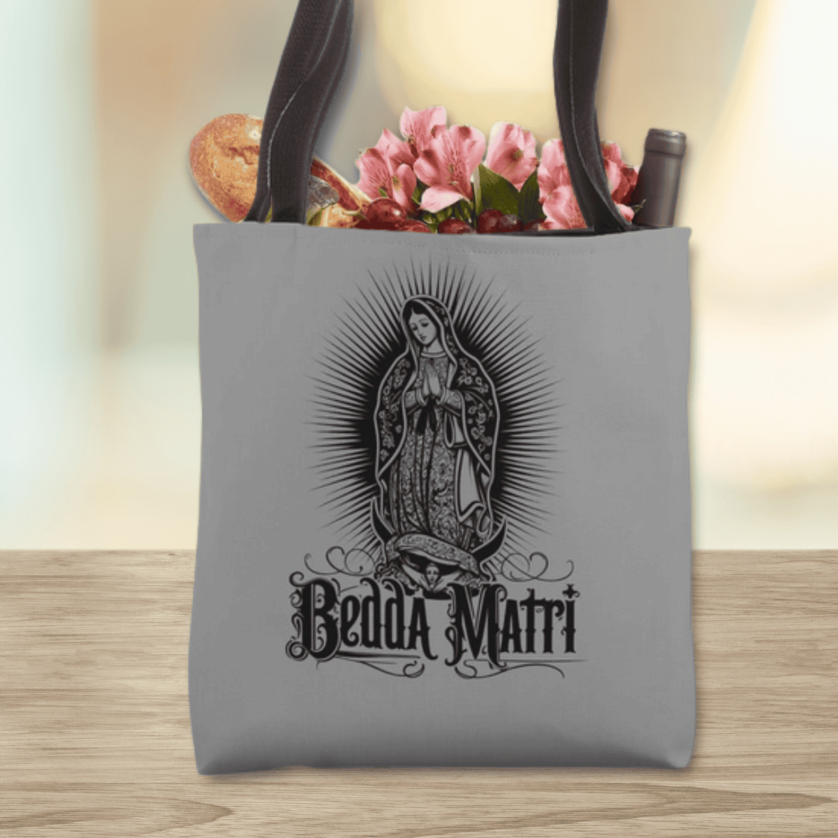 Gray tote bag with tattoo style design of Mother Mary and tattoo font "Bedda Matri" - modern Sicilian heritage gift