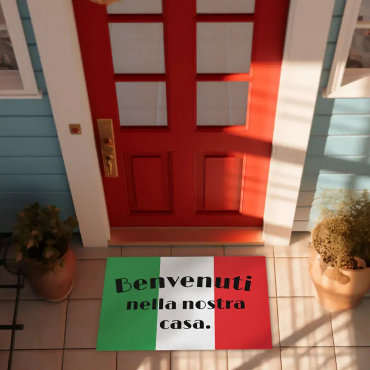 Italian Flag welcome mat with Benvenuti nella nostra casa (welcome to our home) housewarming gift.