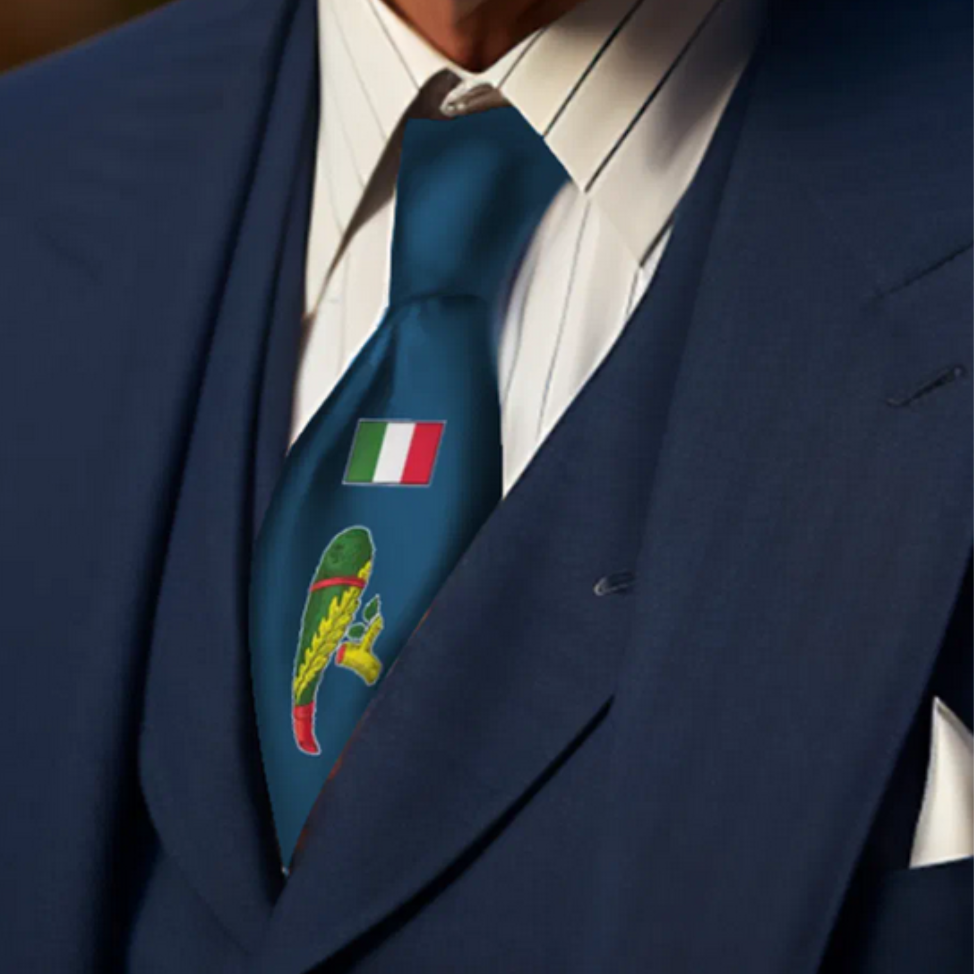 Blue necktie with Italian playing card ace of clubs and small Italian flag above, Scopa Briscola card game tie, Italian gift for him, Father's Day gift, Italian heritage accessory for card players