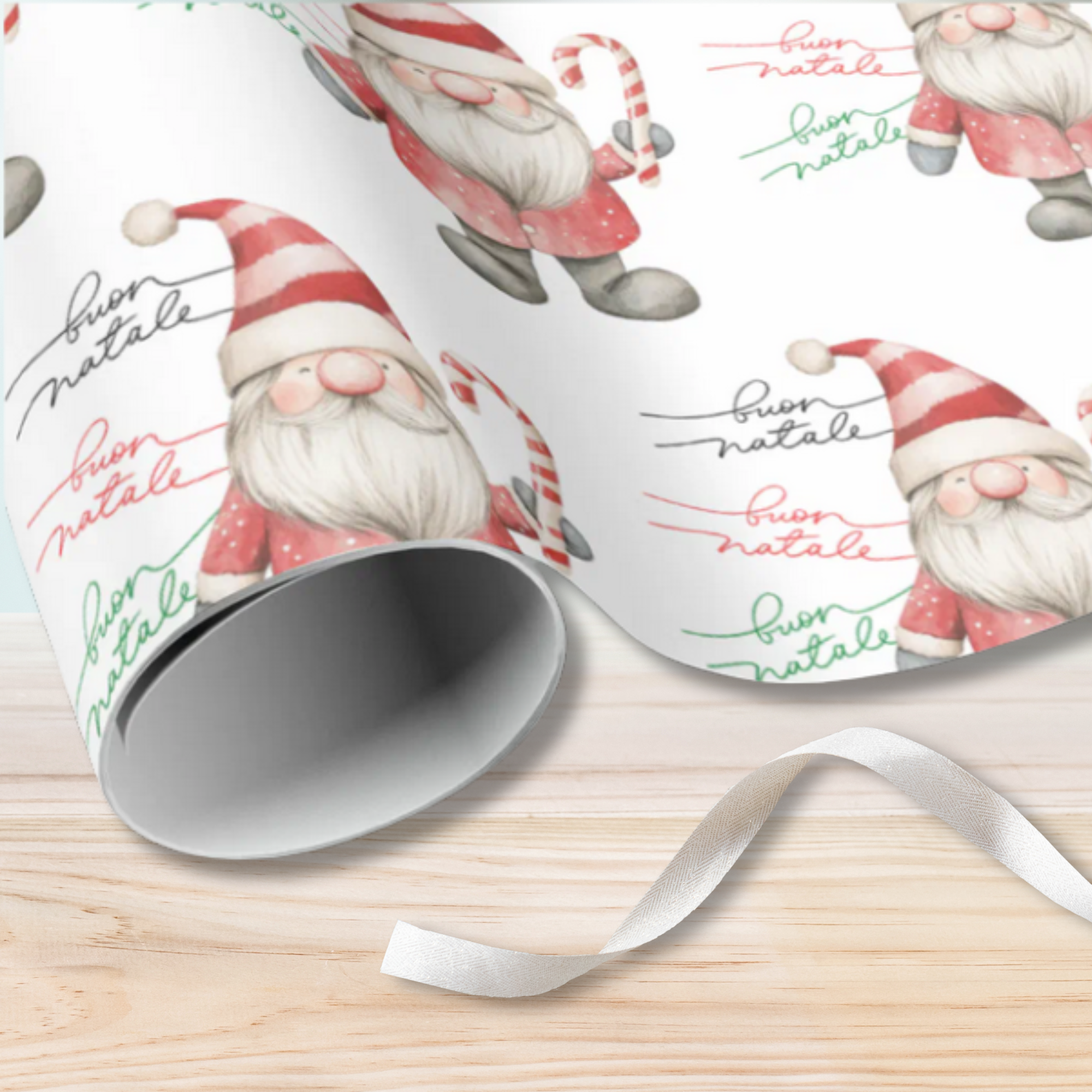 Christmas wrapping paper featuring Italian Santa gnomes with Buon Natale text in festive pattern, Italian holiday gift wrap, Christmas gift wrapping, Italian heritage holiday decor, festive Italian paper