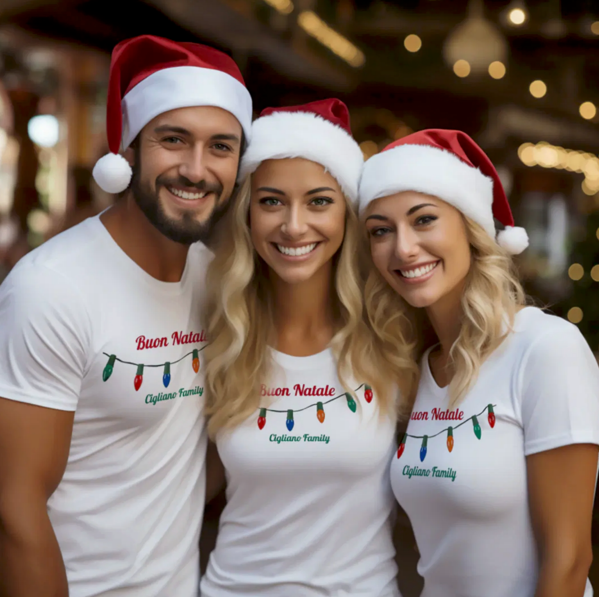 amily wearing matching white t-shirts with Buon Natale, multicolor Christmas lights string, and personalized last name Famiglia or Family, Italian Christmas family matching shirts, Italian heritage holiday apparel, family photo outfit, Italian Christmas gift, holiday gathering shirts
