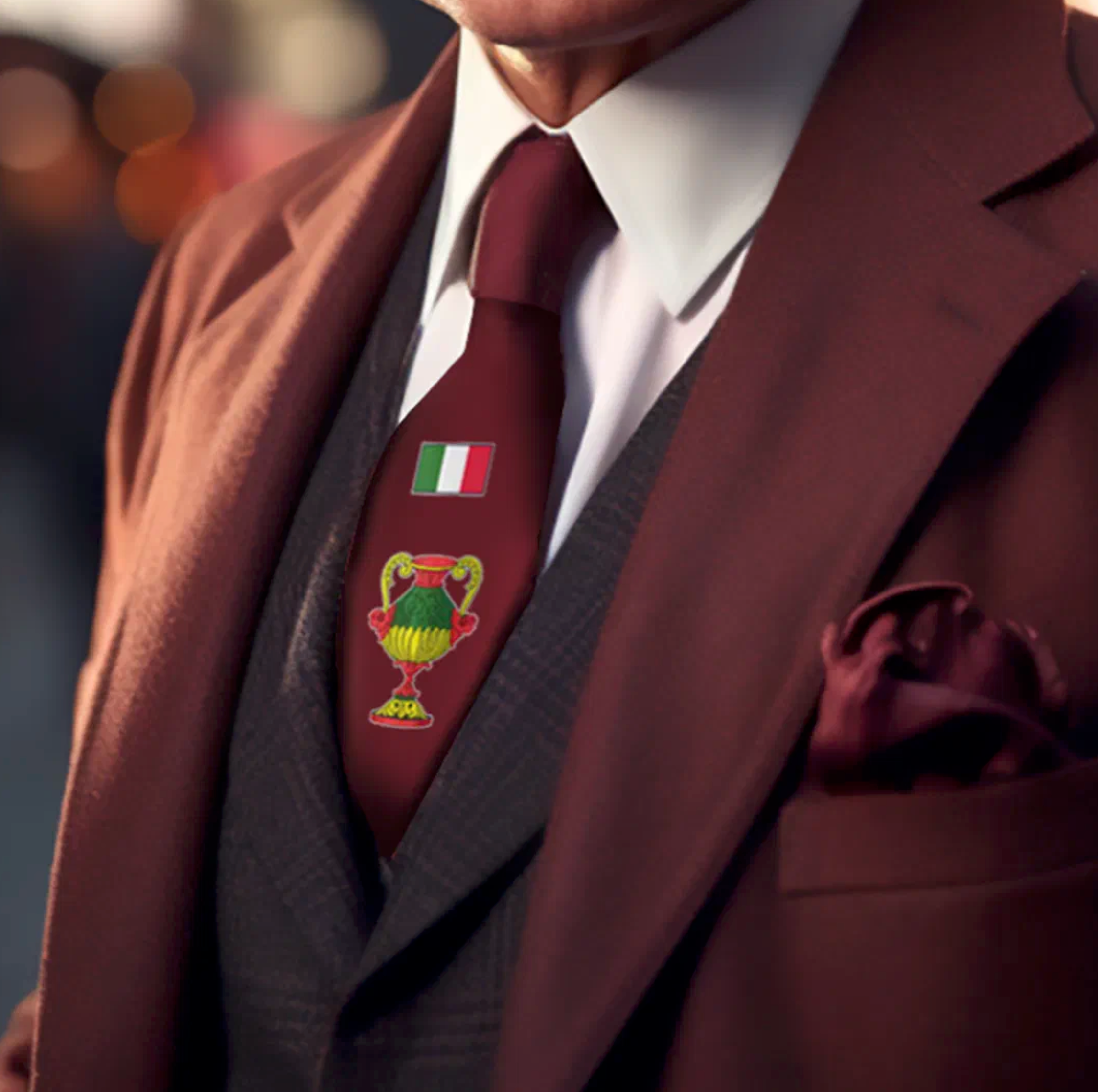 Burgundy necktie featuring Italian card ace of cups with Italian flag, Scopa Briscola game accessory, Italian heritage tie for him, Father's Day or birthday gift, Italian card player gift