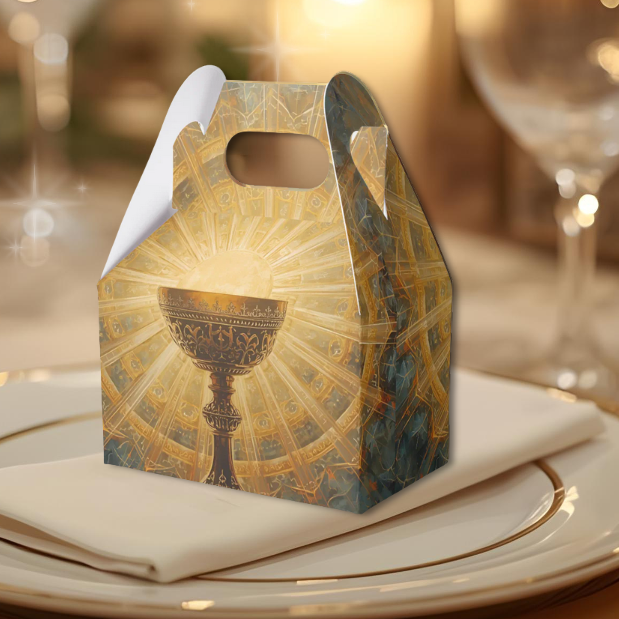 Decorative box with a goblet design on a table setting with a blurred background