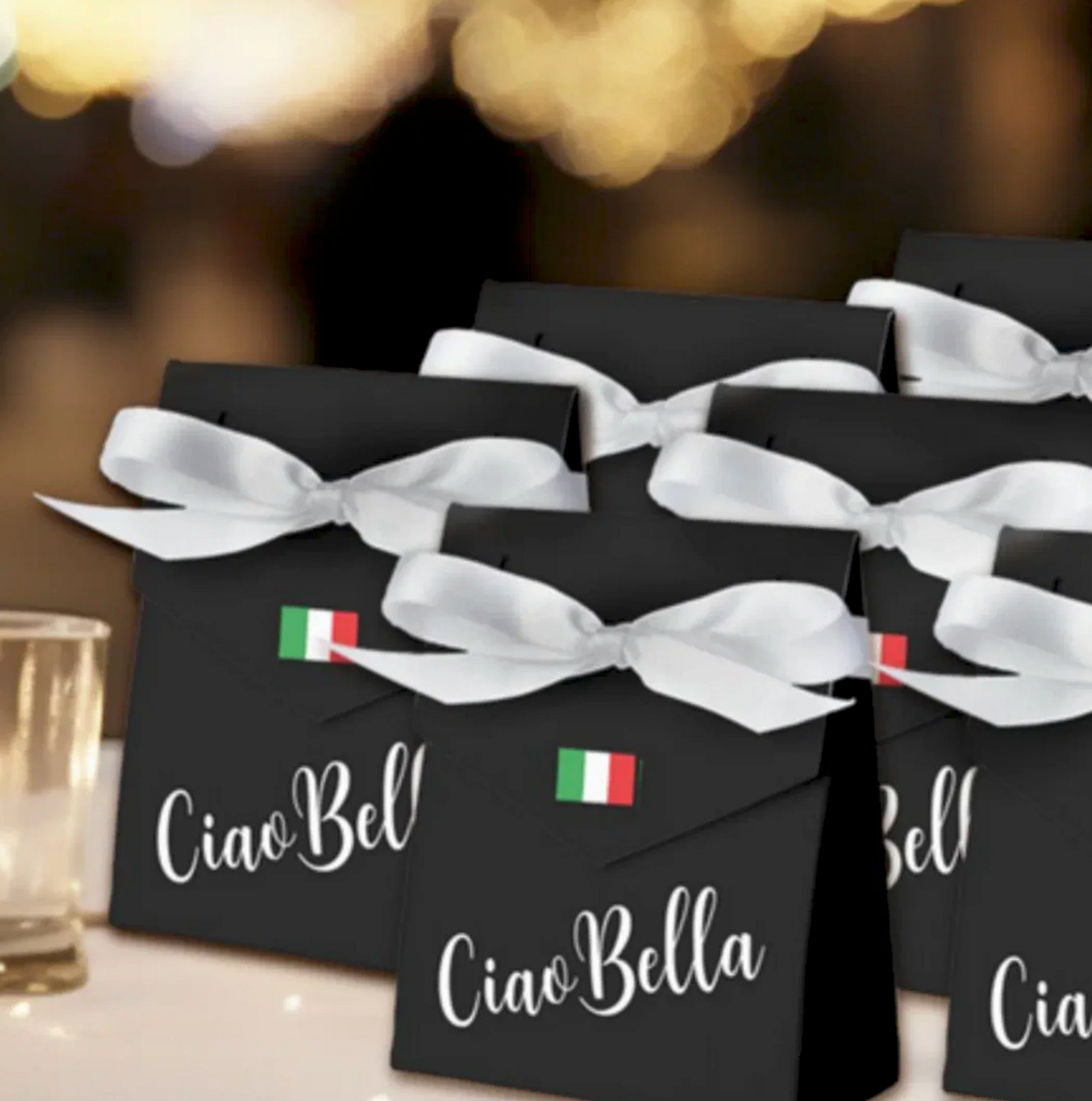 Ciao Bella tent favor box in chic black with white ribbon and Italian flag at closure with custom wording, Italian wedding favor, Italian party favor, bridal shower favor, Italian heritage celebration, personalized gift box, Italian theme event favor