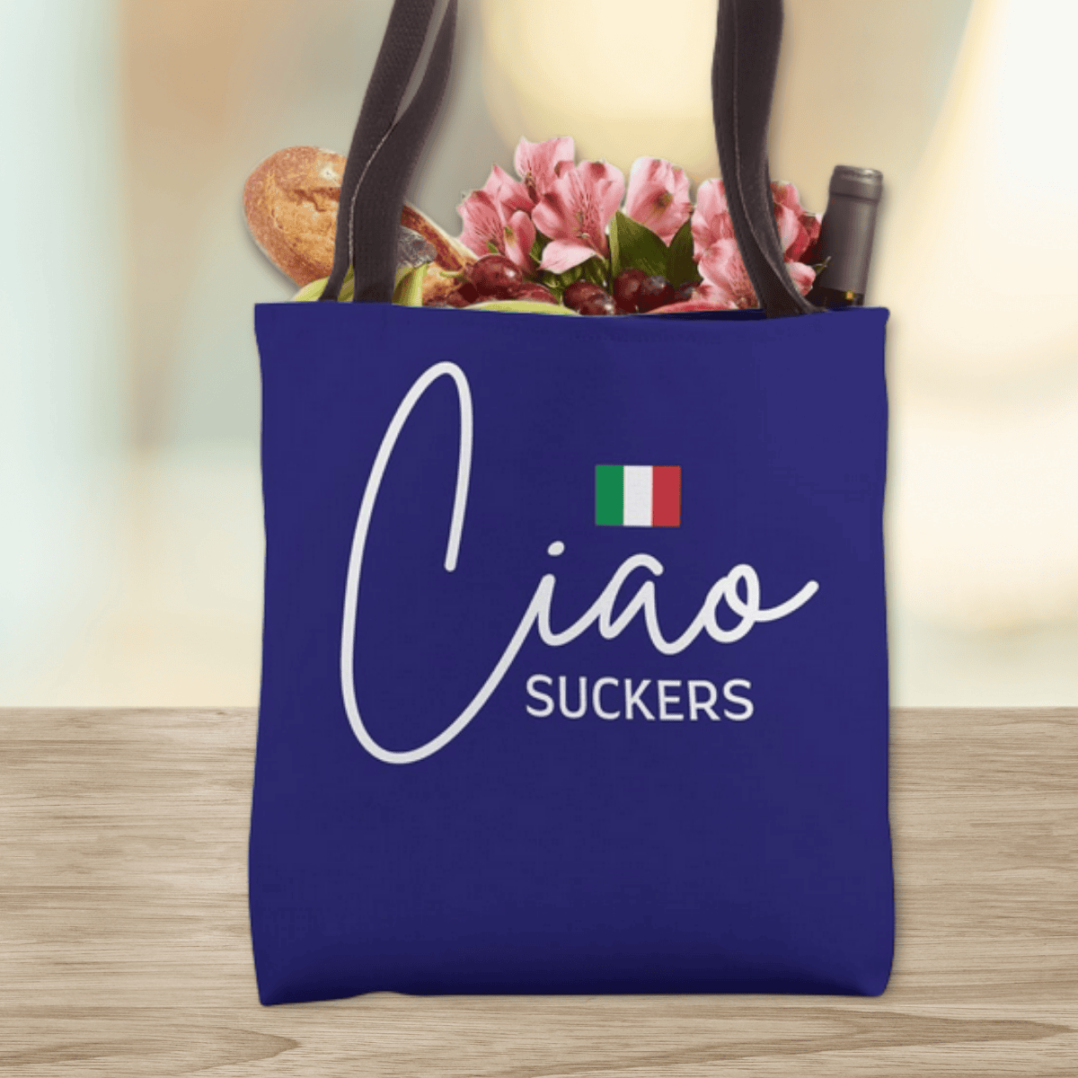 Blue tote bag with 'Ciao Suckers' text - Funny Italian Heritage Gift