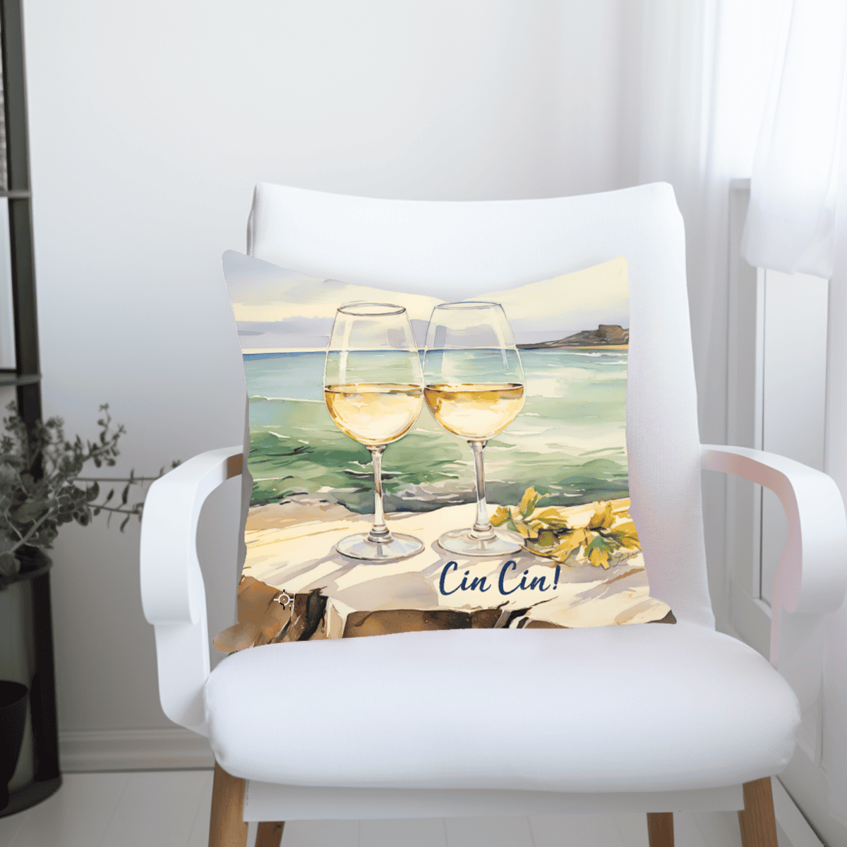 Decorative pillow with white wine glasses and 'Cin Cin!' text. Coast of Sicily and Italy Mediterranean Sea watercolor art on decorative pillow.