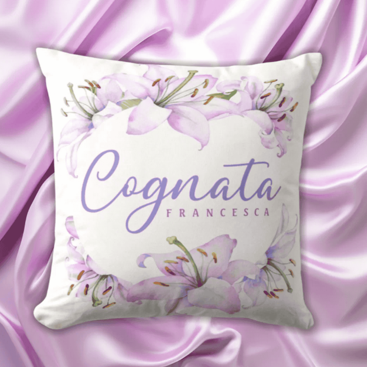 Cognata Personalized Lavender Pink Lilies Throw Pillow