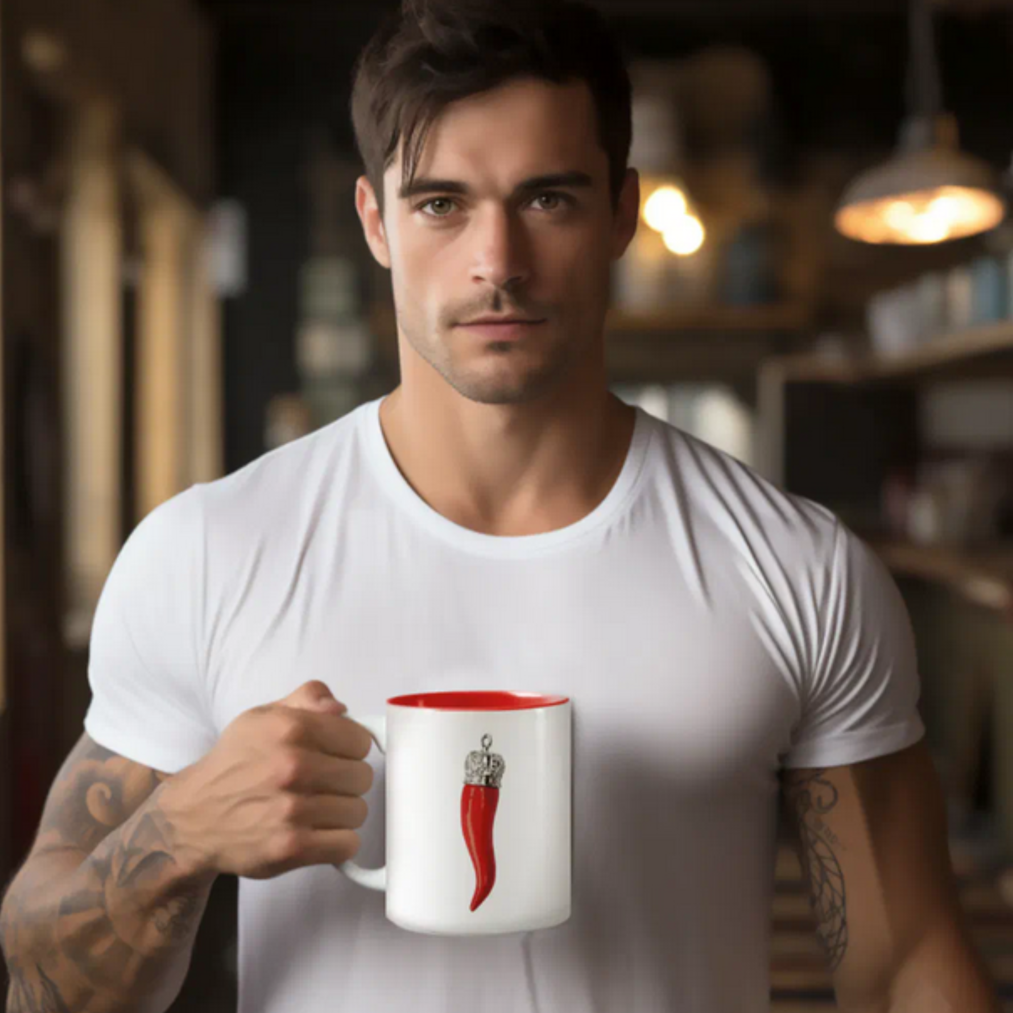 White mug with red inside featuring funny red Italian horn pendant design on front, Cornuto Sicilian Italian heritage. Gift for Italian, gift for Sicilian, coffee mug, birthday gift, Christmas gift, gift for him, gift for her, Italian culture gift.