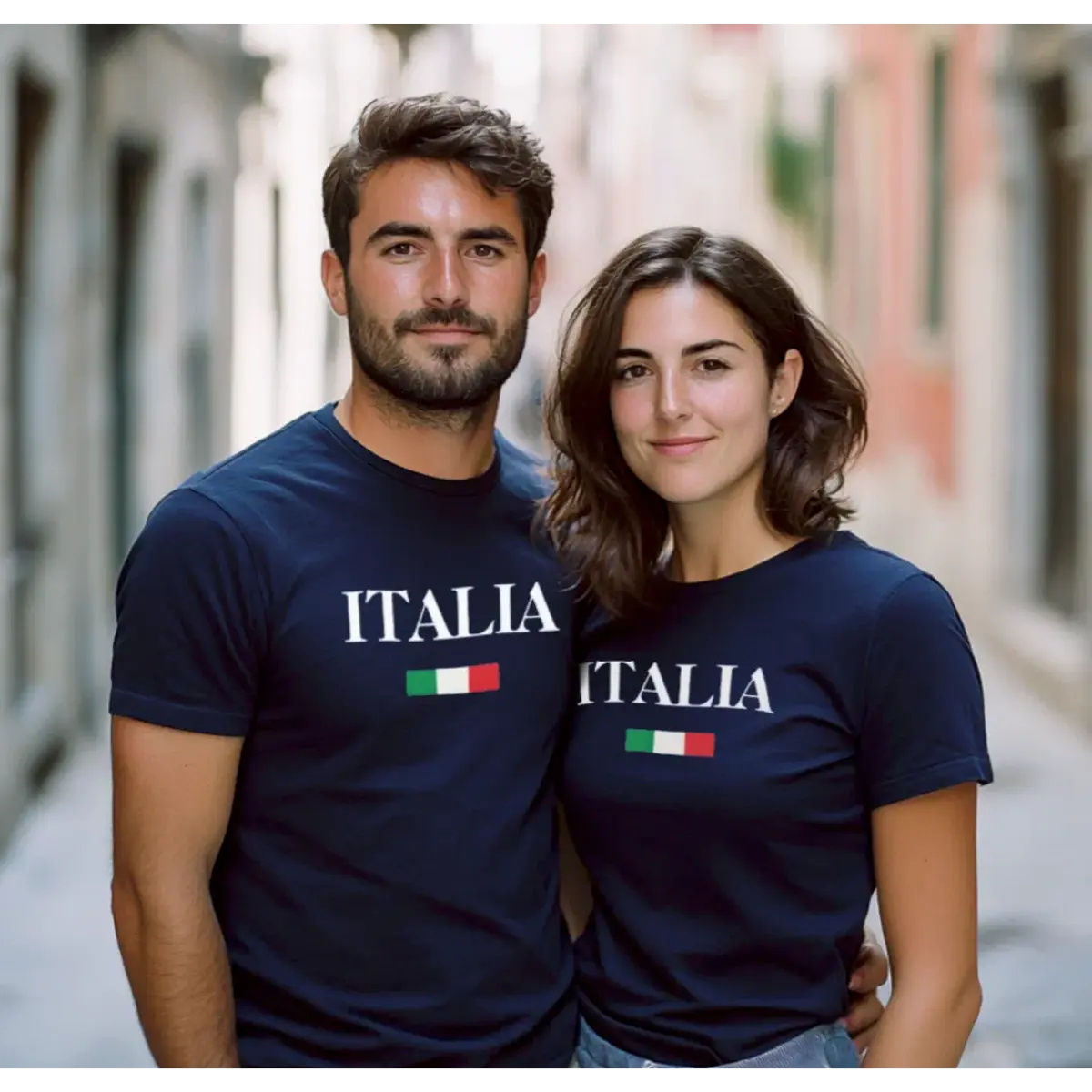 Man and woman wearing navy blue ITALIA t-shirts with Italian flag and customizable location text, Italian heritage couple apparel, Italian gift for couples, anniversary gift, Italy travel gift, Italian American clothing