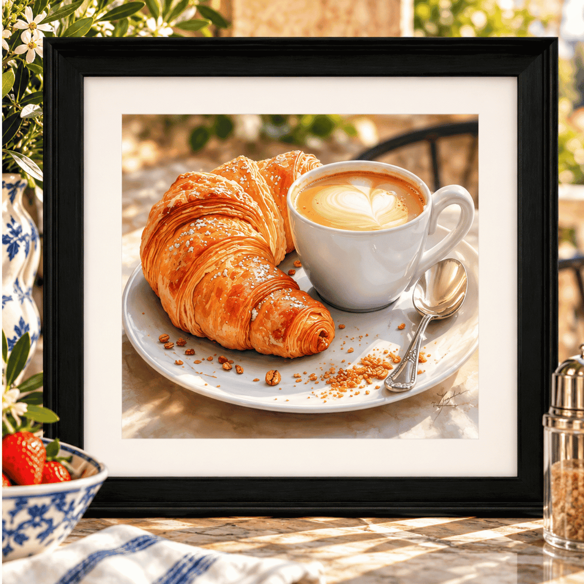 Croissant and cappuccino framed kitchen wall art featuring a golden French pastry and coffee with heart latte art, café-inspired breakfast print, kitchen décor and coffee lover gift.