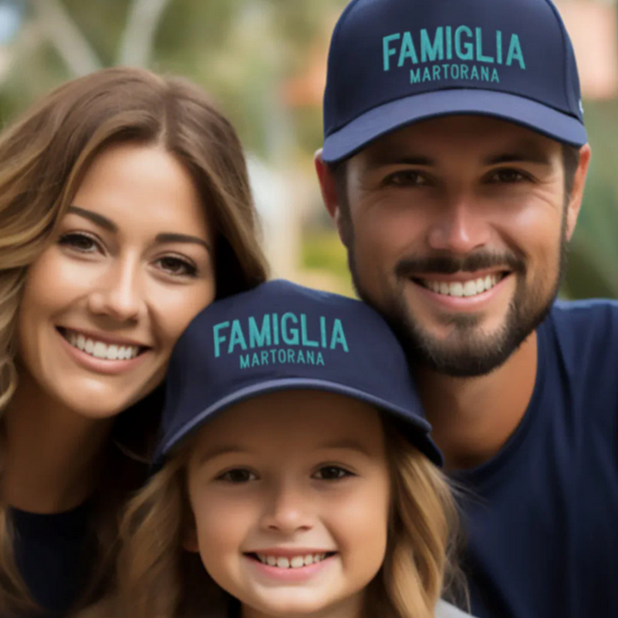 Family wearing personalized Famiglia embroidered baseball caps with custom names, Italian family matching hats, Italian gift for family, Mother's Day or Father's Day gift, family reunion gift, Italian heritage apparel