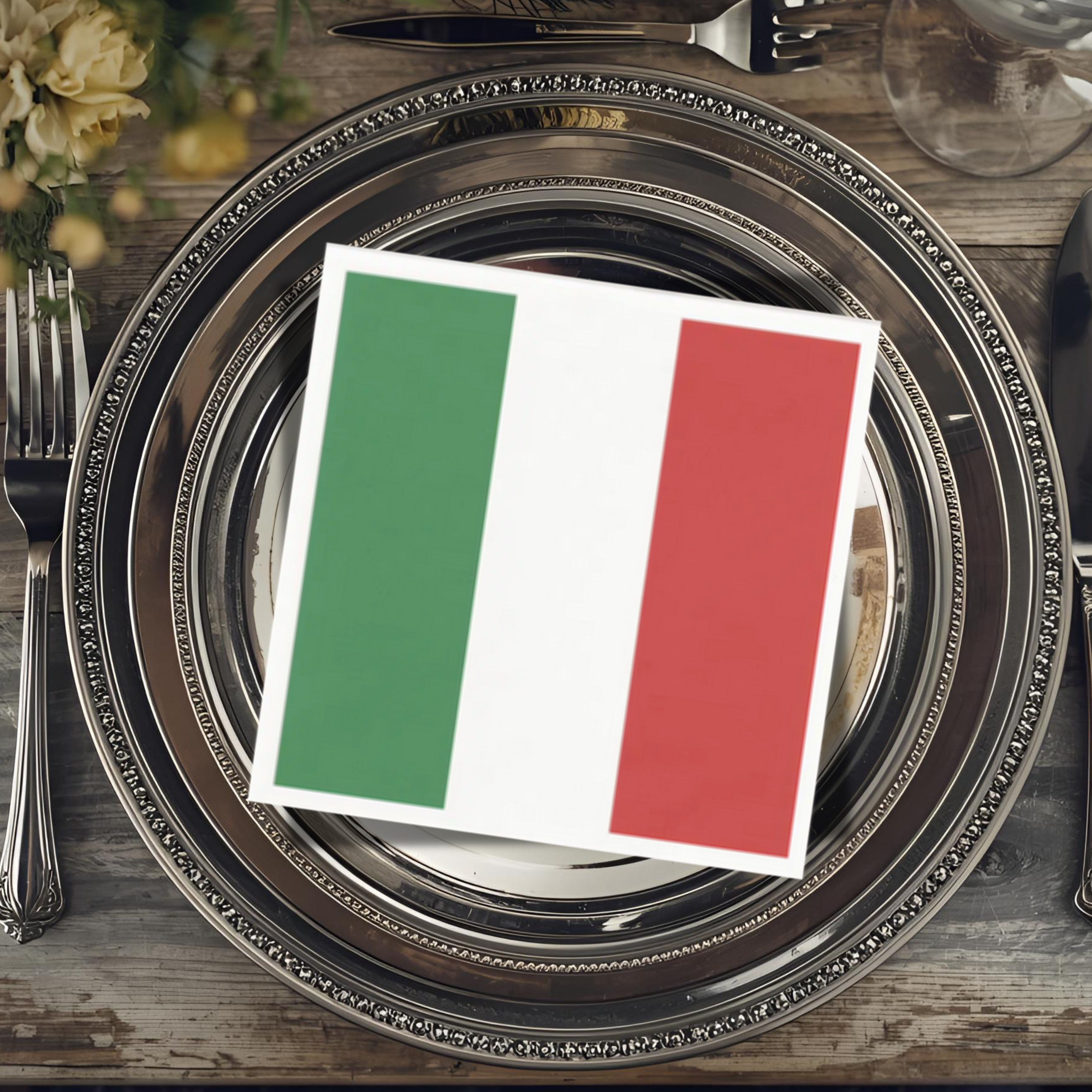 Napkin with Flag of Italy and personalized text. Italian heritage party accessory for weddings, birthdays, family gatherings, and Italian-themed celebrations.