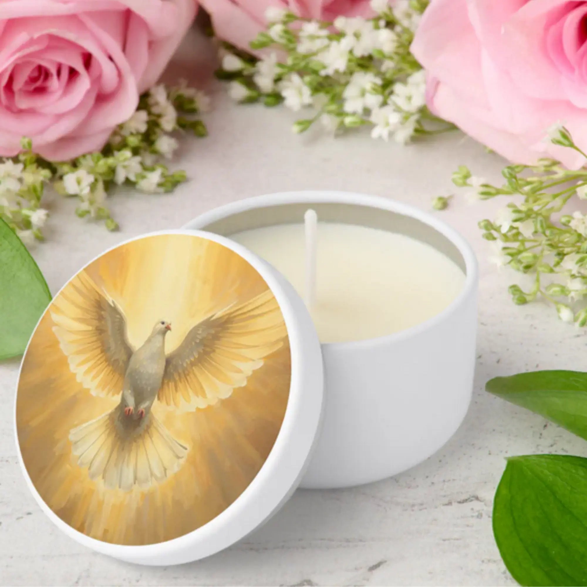 Holy Spirit Dove in Golden Light religious favor mini candle for Italian Sicilian Catholic celebrations and memorial gift.