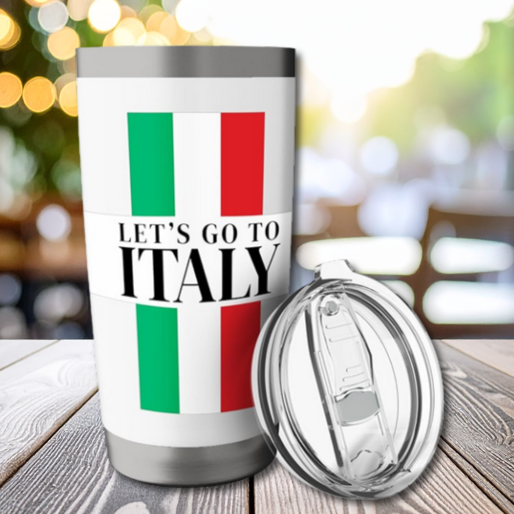 Alt Text: White tumbler with vertical Italian flag stripes in green white and red, insulated travel drinkware, Italian gift for him or her, Mother's Day or Father's Day gift, travel lover gift, Italian heritage present