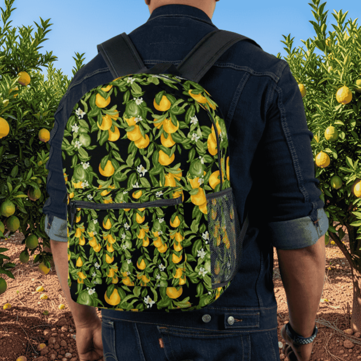 Person wearing a black backpack with lemon pattern - Italian & Sicilian heritage design