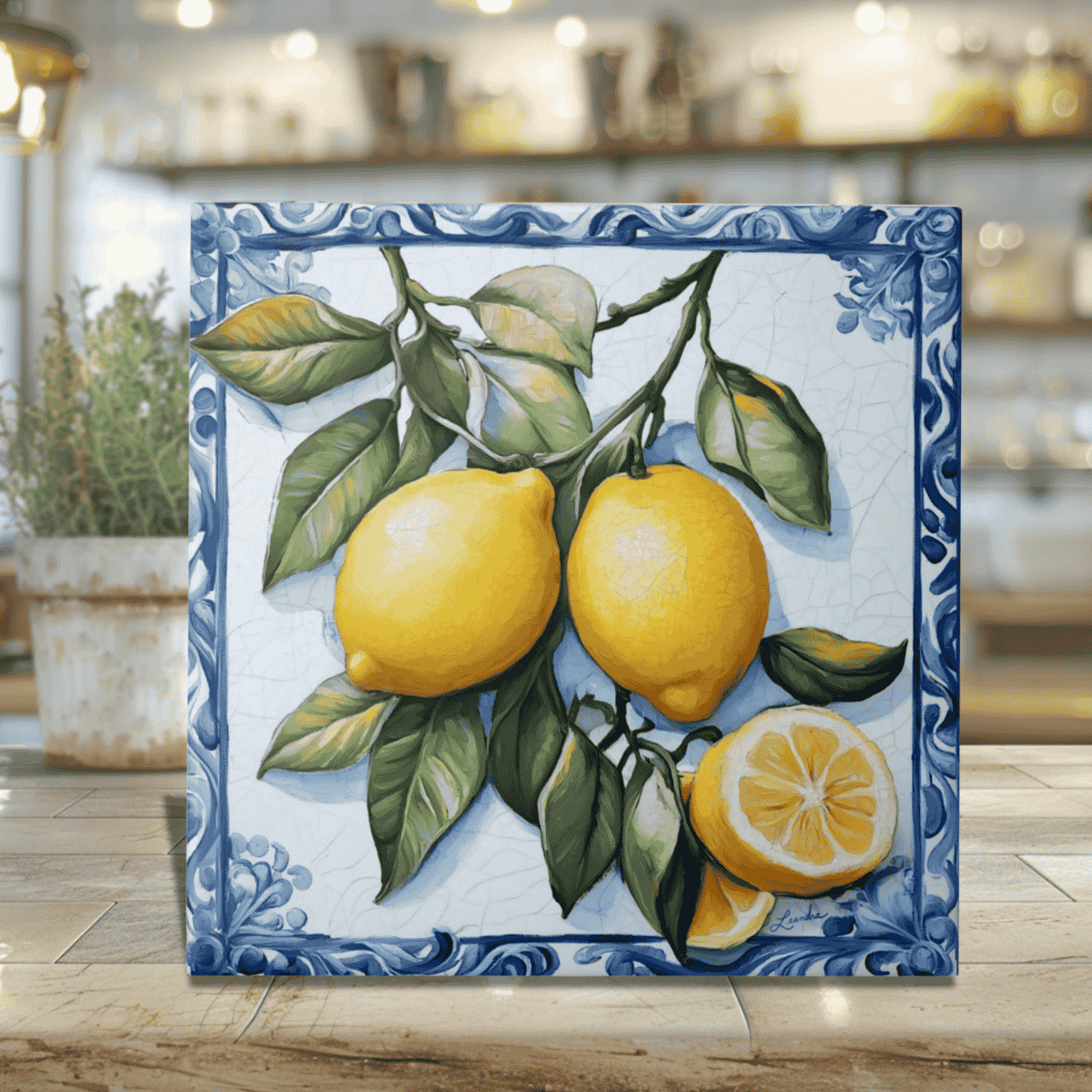Lemons Tile with Classic Blue Border