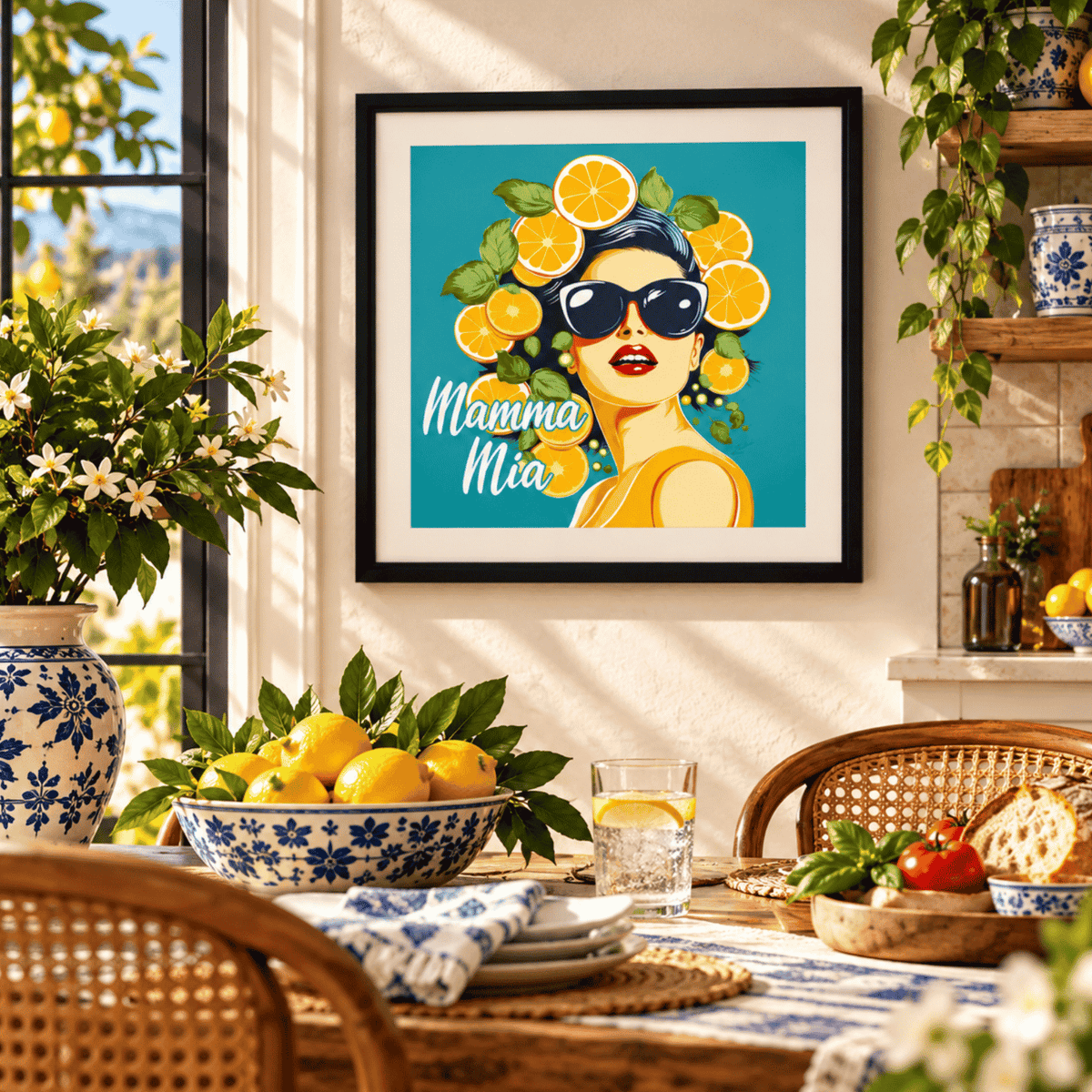 Mamma Mia Italian wall art displayed in a sunny Mediterranean kitchen, featuring a glamorous woman with sunglasses and lemons, colorful Italian kitchen décor, lemon wall art and Italy-inspired home décor.