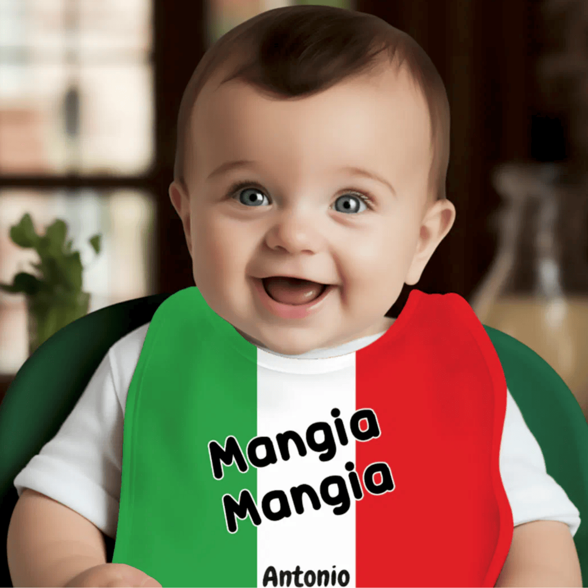 Baby wearing an Italian flag bib with the word 'Mangia Mangia' and name 'Antonio' - personalized heritage gift for baby