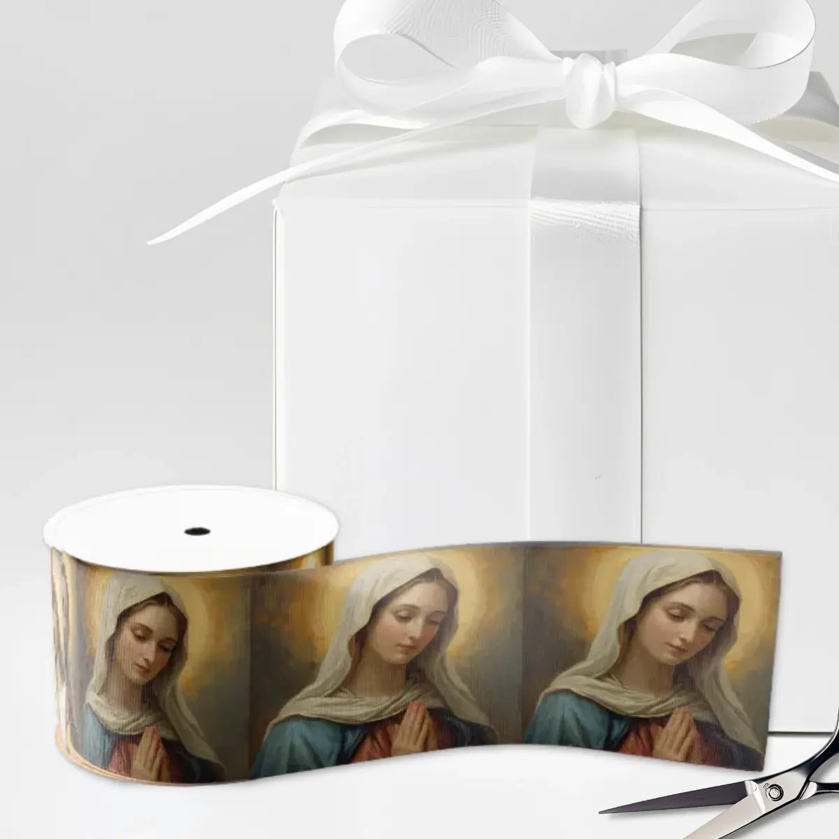 Mother Mary Catholic Ribbon for Baptism, Communion, Confirmation, Wedding or Christmas gift wrapping detail.