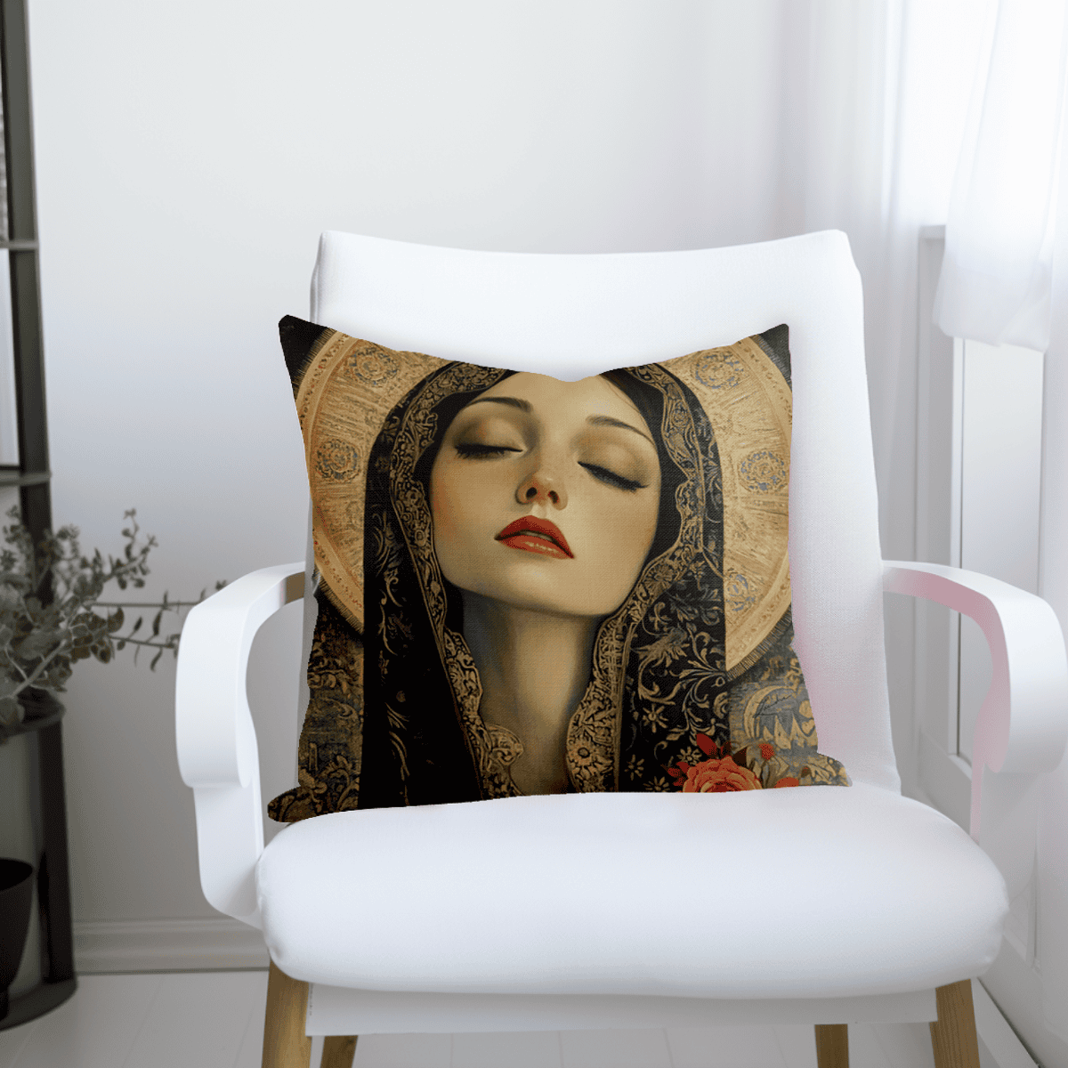 Virgin Mary Pillow – Spiritual Home Decor, Italian Heritage, Byzantine Halo Design, Ships from Fine Art America