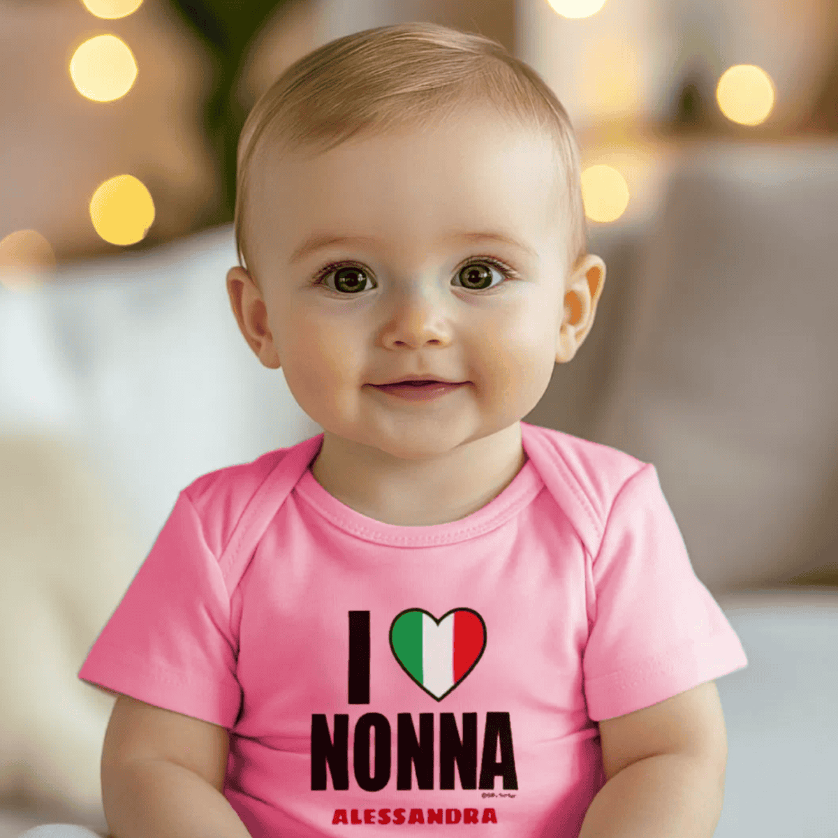 Baby wearing a pink shirt with 'I ❤️ NONNA' text, personalized Italian Sicilian heritage gift for nonna