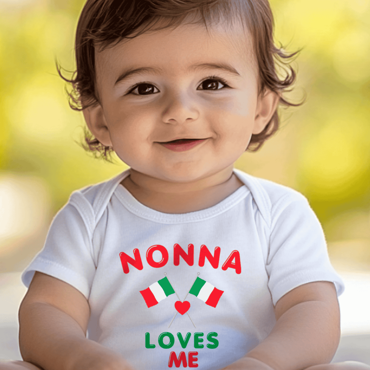 Child wearing a white onesie with 'NONNA LOVES ME' text and Italian flag design.