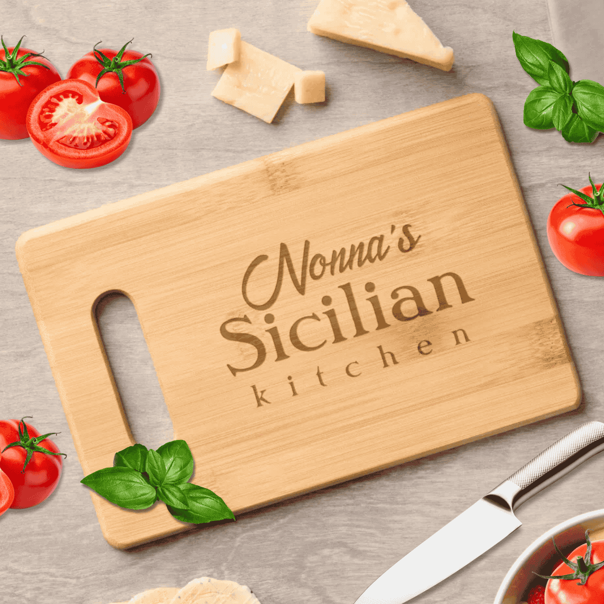 Custom “Nonna’s Italian Kitchen” cutting board in elegant script, perfect for gifting and celebrating family heritage.