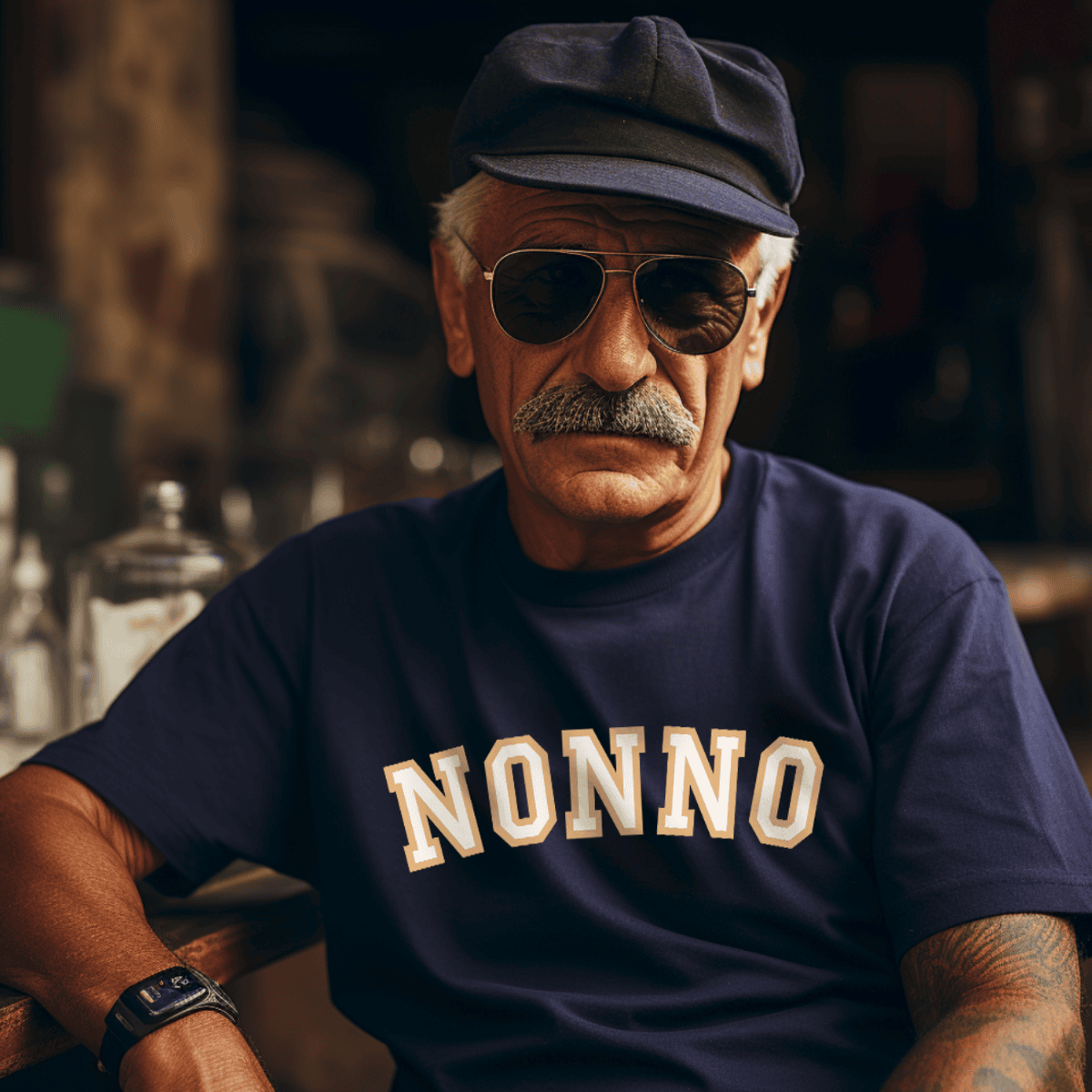 Bold arched “Nonno” athletic typography design with gold-look outline and cream lettering printed on a navy blue t-shirt, available in multiple color options. Sicilian Italian heritage gift for grandfather