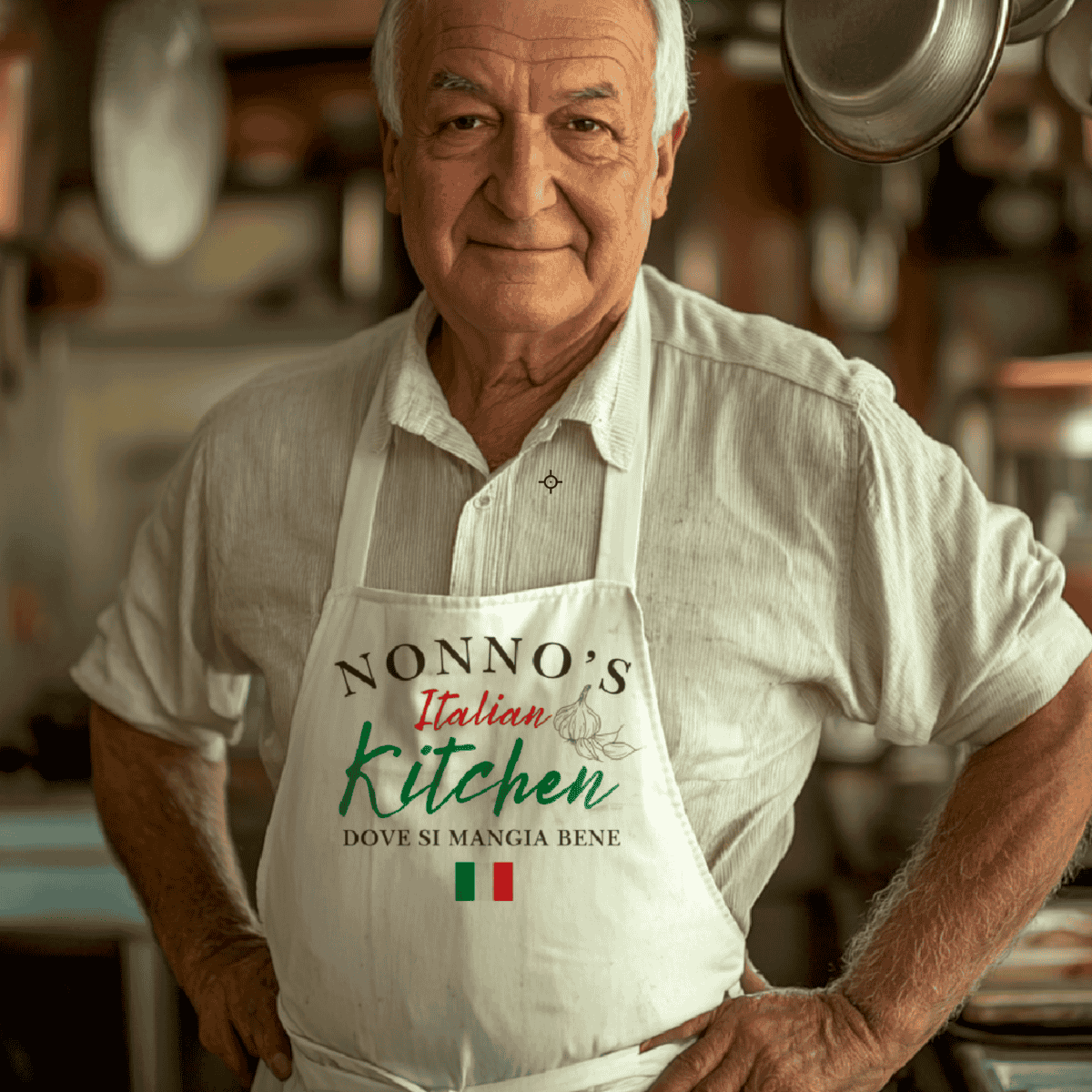 Nonno's Italian Kitchen Dove Si Mangia Bene white apron with Italian flag detail