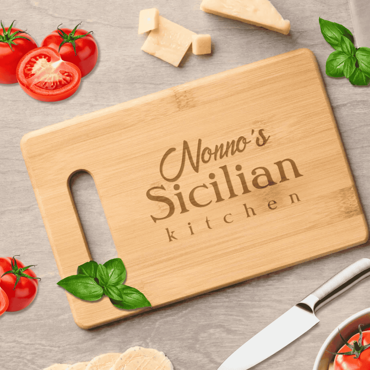 Custom etched cutting board featuring “Nonno’s Sicilian Cucina” in elegant script and bold serif lettering, customizable for Italian or kitchen themes, perfect gift for cooking, entertaining, and celebrating family heritage.