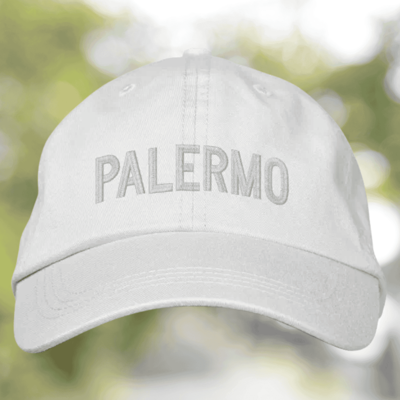 White cap with 'PALERMO' text embroidered Sicily lovers gift - Sicilian heritage keepsake