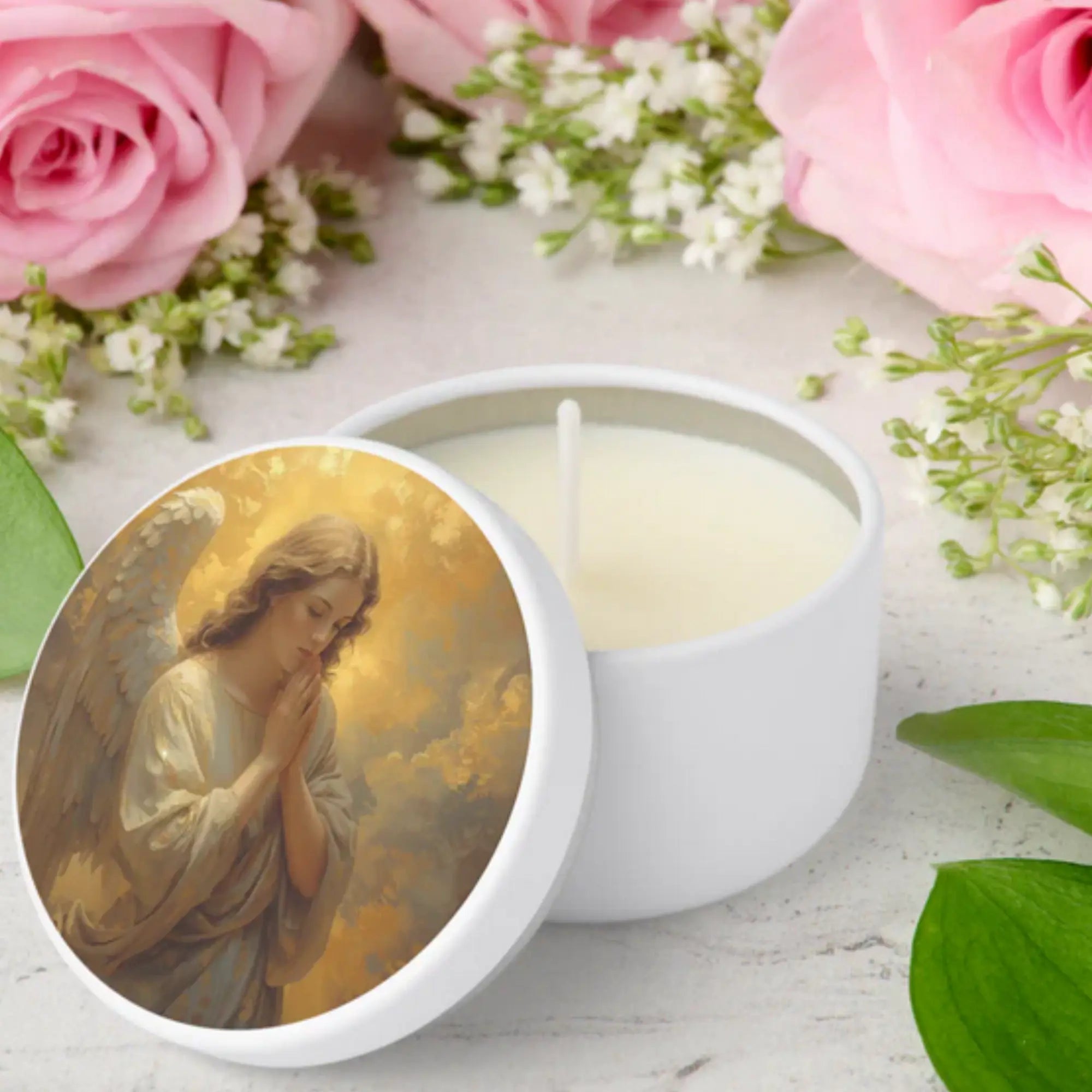 Praying Angel with golden sky - Italian & Sicilian Catholic religious mini candle favor for baptism, communion, confirmation, wedding or memorial gift.